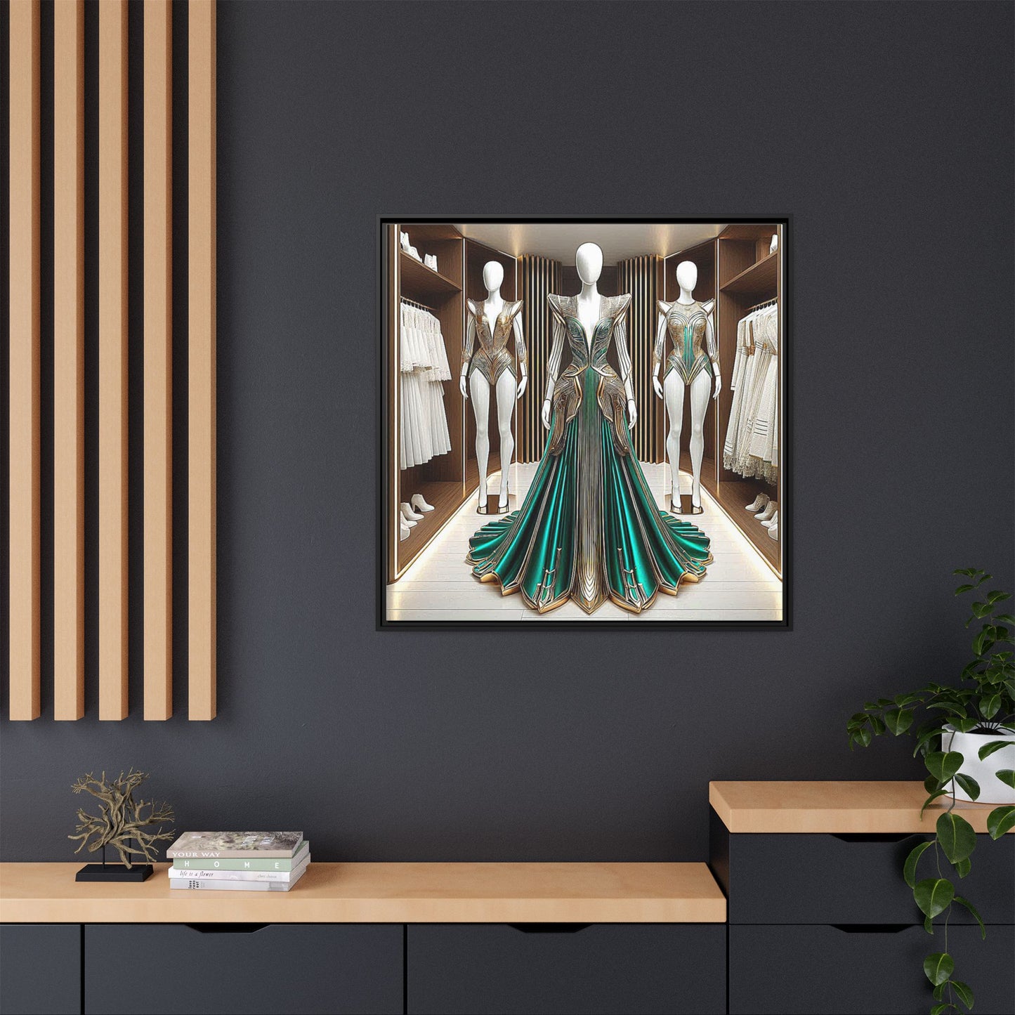 Futuristic Bodycon Runway Dress Framed Canvas Print Wall Art Unique Fashion Designer Style Haute Couture Fashionista Gift 3 Frame Colors