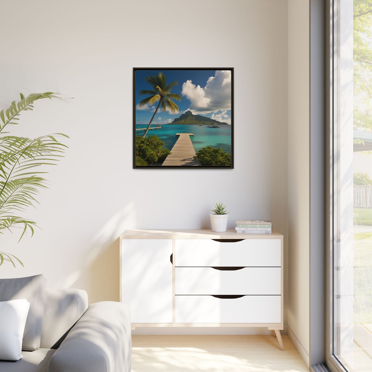 Tropical Island Calm Sunny Day Framed Canvas Wall Art Volcano Beach Vacation Oceanic Gift Nature Lover Peaceful Zen Gift 3 frame colors