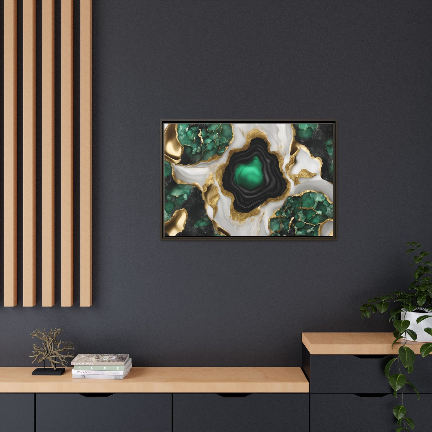 Emerald Green and Gold Quartz Crystal Design Print Matte Canvas Wall Art Nature Lover Gift Geology Rock Lover Gift 3 frame color choices