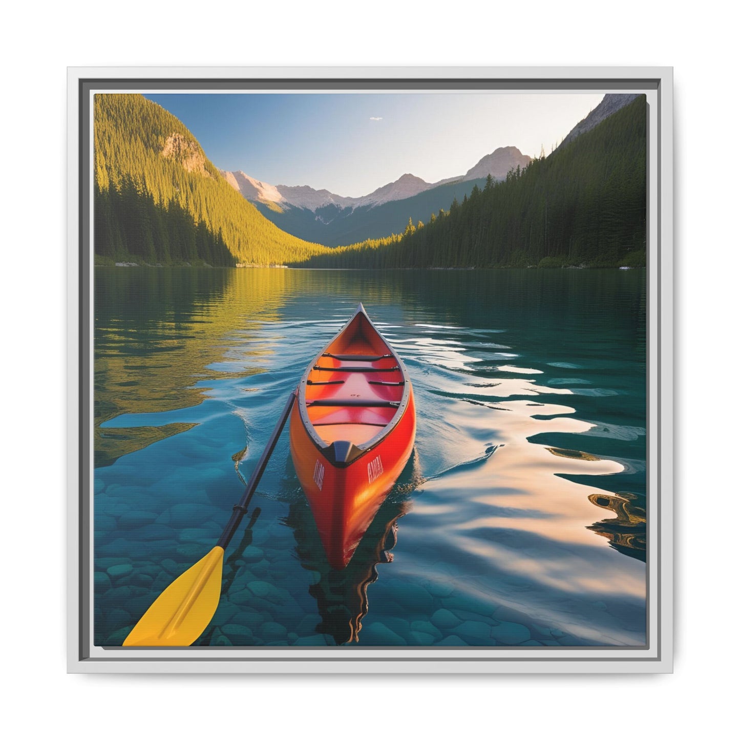 Canoe in the River Framed Canvas Wall Art Mountain Lover Outdoorsman Vacation Kayak Gift Nature Lover Peaceful Zen Gift 3 frame colors