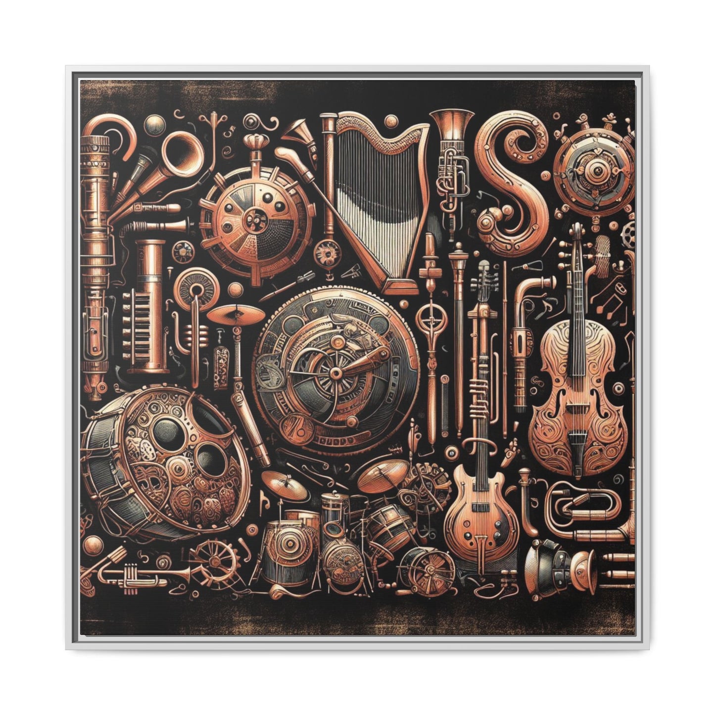 Modern Music-Themed Steampunk Style Print Abstract Design Unique Framed Canvas Print Wall Art Music Lover Gift Decor 3 frame colors