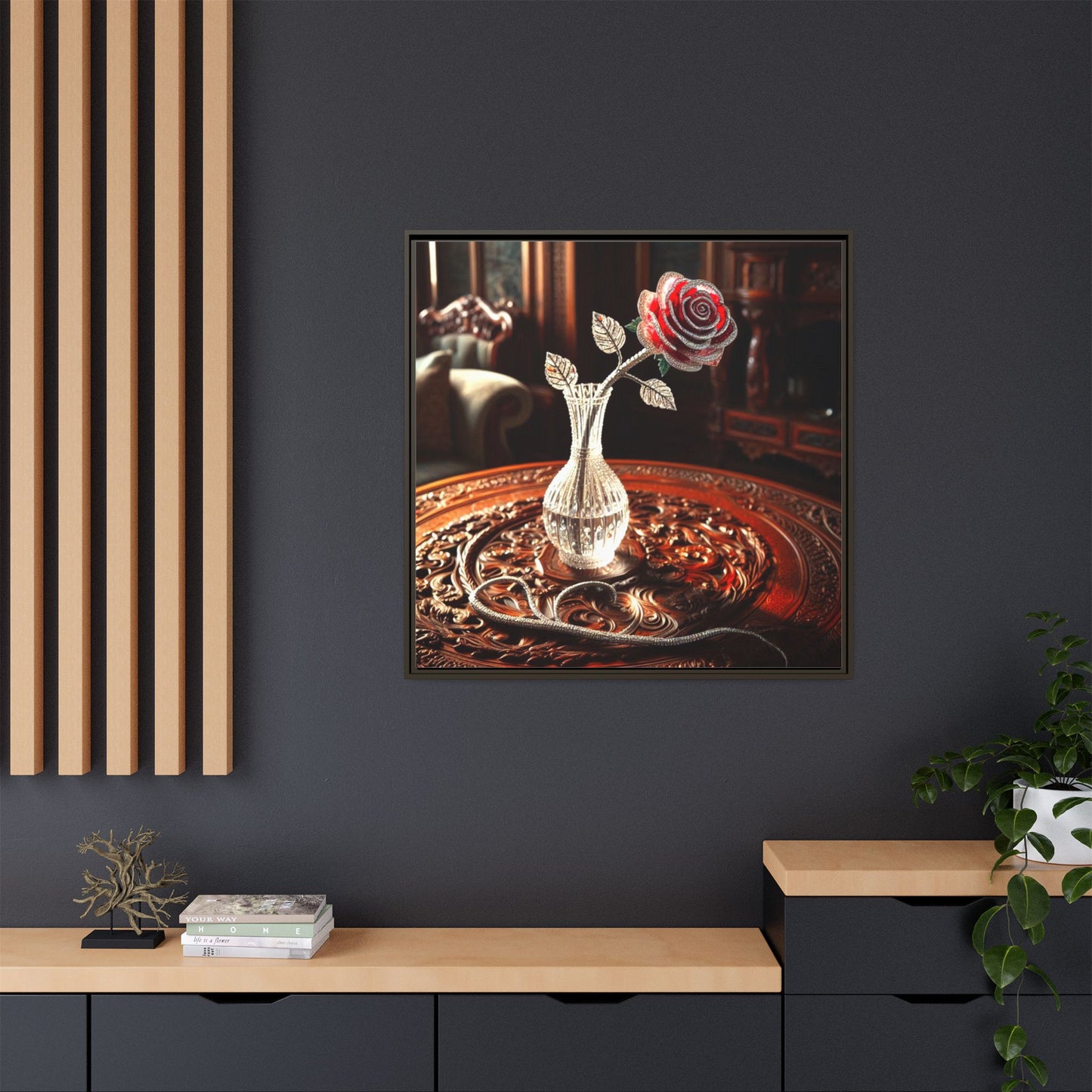 Bejeweled Red Rose Framed Canvas Print Wall Art Unique Fashion Designer Haute Couture Fashionista Flower Lover Gift Decor 3 Frame Colors