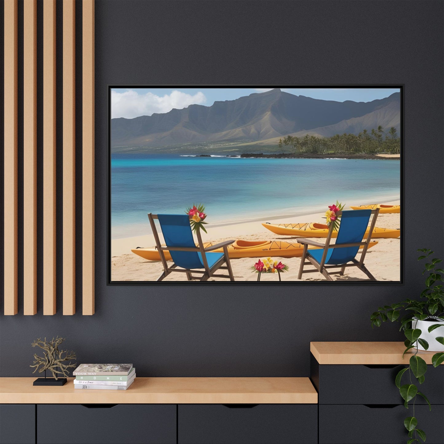 Chairs on the Beach Print Unique Framed Canvas Print Wall Art Gift Beachy Nature Lover Ocean Waves Hawaiian Vacation Decor 3 frame colors