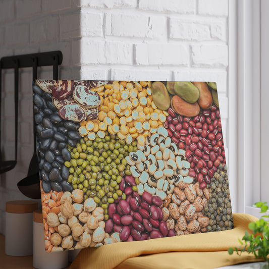 Kitchen Decor Glass Cutting Board Serving Tray with Colorful Dried Beans Design Cutting Board Gift for Vegan Home Cook Charcuterie Board