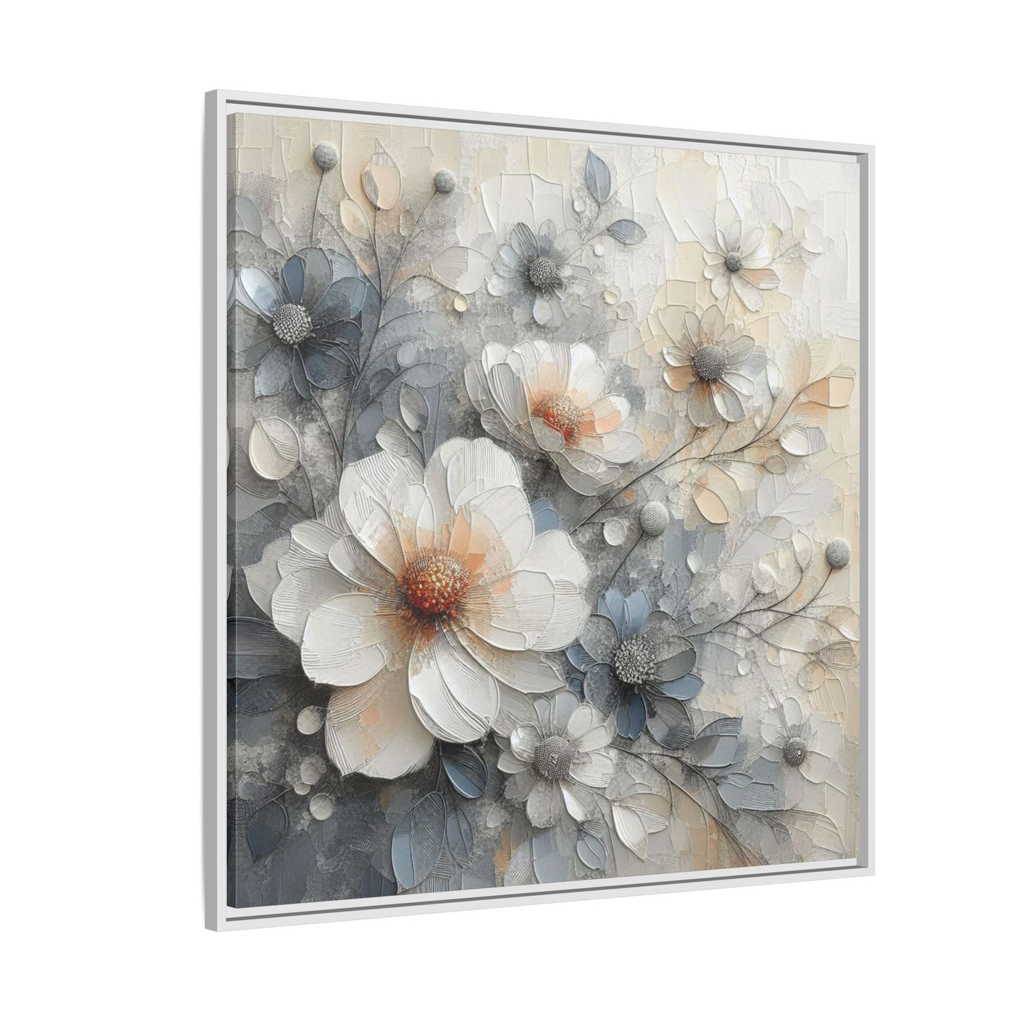 Modern Grey and White Floral Design Unique Framed Canvas Wall Art Flower Lover Gift Nature Lover Gift 3 frame colors