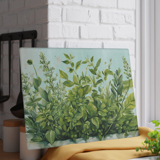 Kitchen Decor Glass Cutting Board Serving Tray with Garden Herbs Image Pattern Cutting Board Gift for Home Cook Charcuterie Board