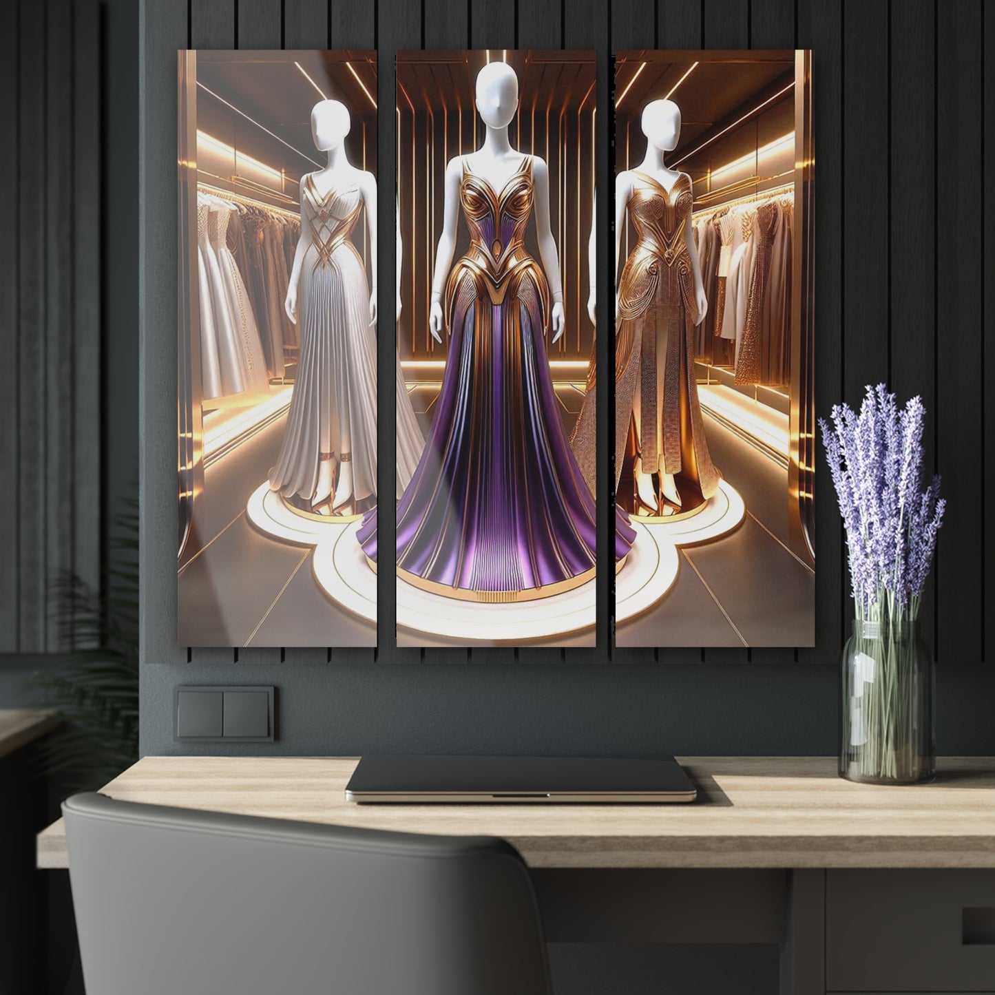 Modern Futuristic Fashion Dress Design Triptych 3-Panel Acrylic Print Wall Art Unique Haute Couture Fashionista Fantasy Style Decor