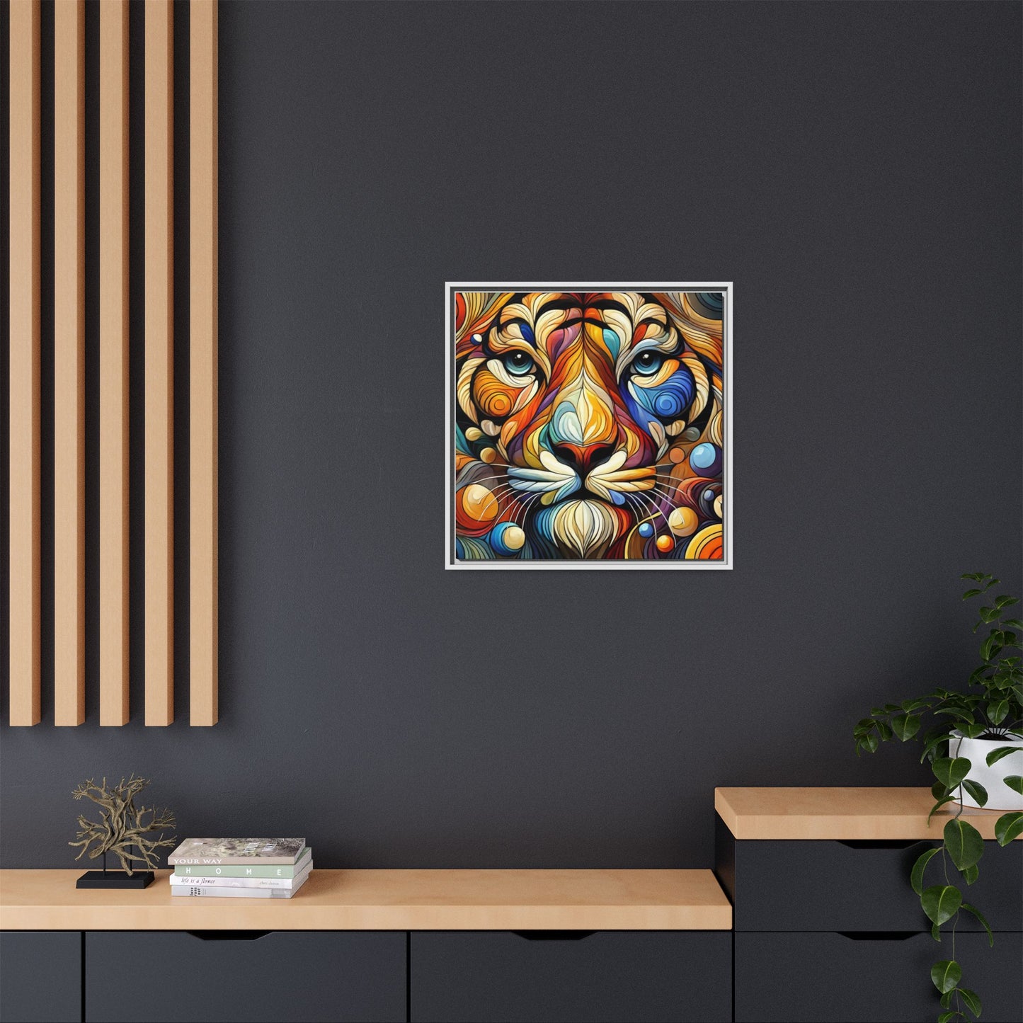 Modern Lion Face Print Abstract Design Unique Framed Canvas Print King of Jungle Wall Art Animal Lover Nature Lover Decor 3 frame colors