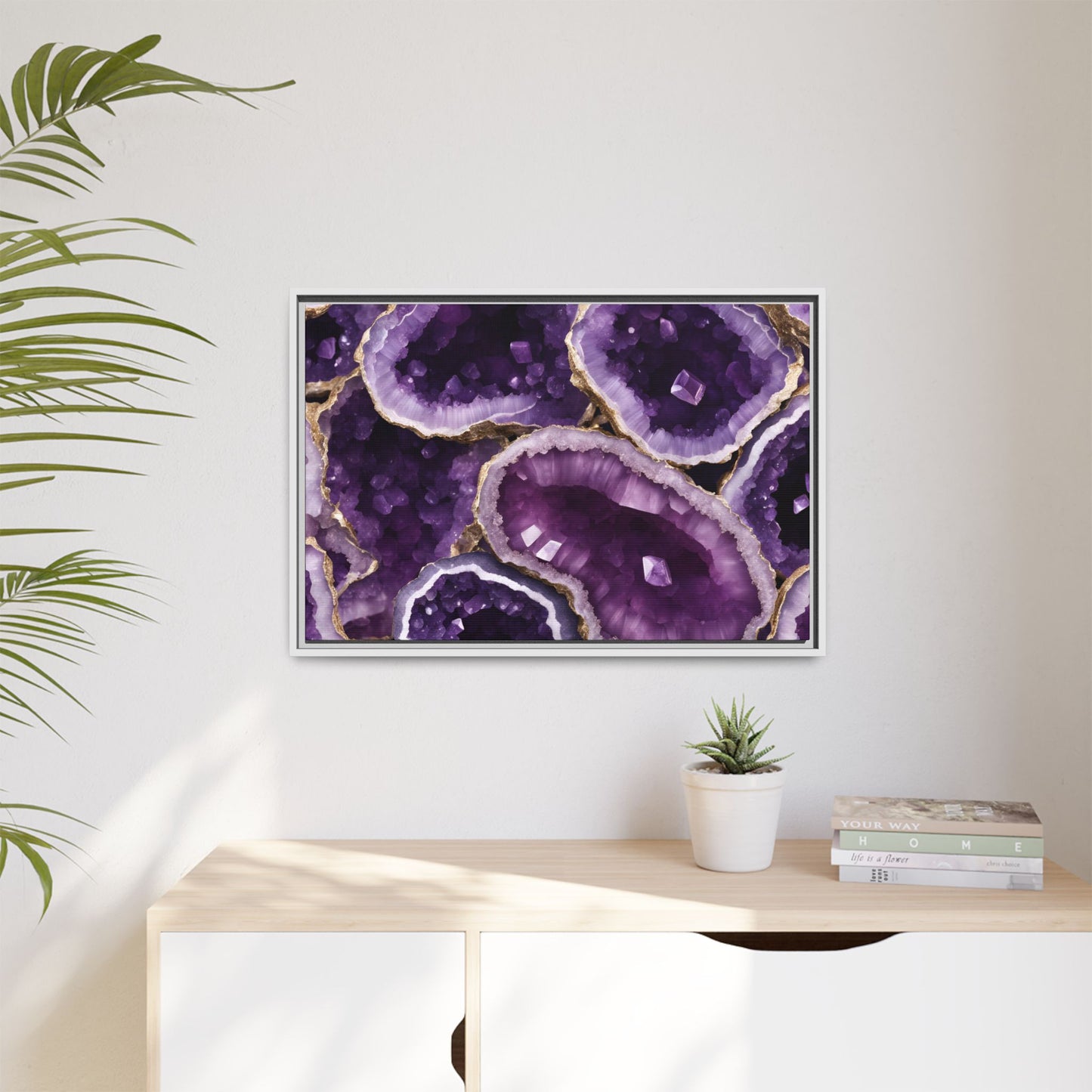 Purple Amethyst Crystal Geode Design Print Matte Canvas Wall Art Nature Lover Gift Geology Rock Lover Gift 3 frame colors to choose from