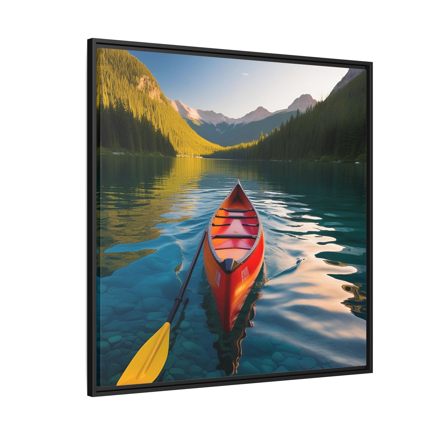 Canoe in the River Framed Canvas Wall Art Mountain Lover Outdoorsman Vacation Kayak Gift Nature Lover Peaceful Zen Gift 3 frame colors