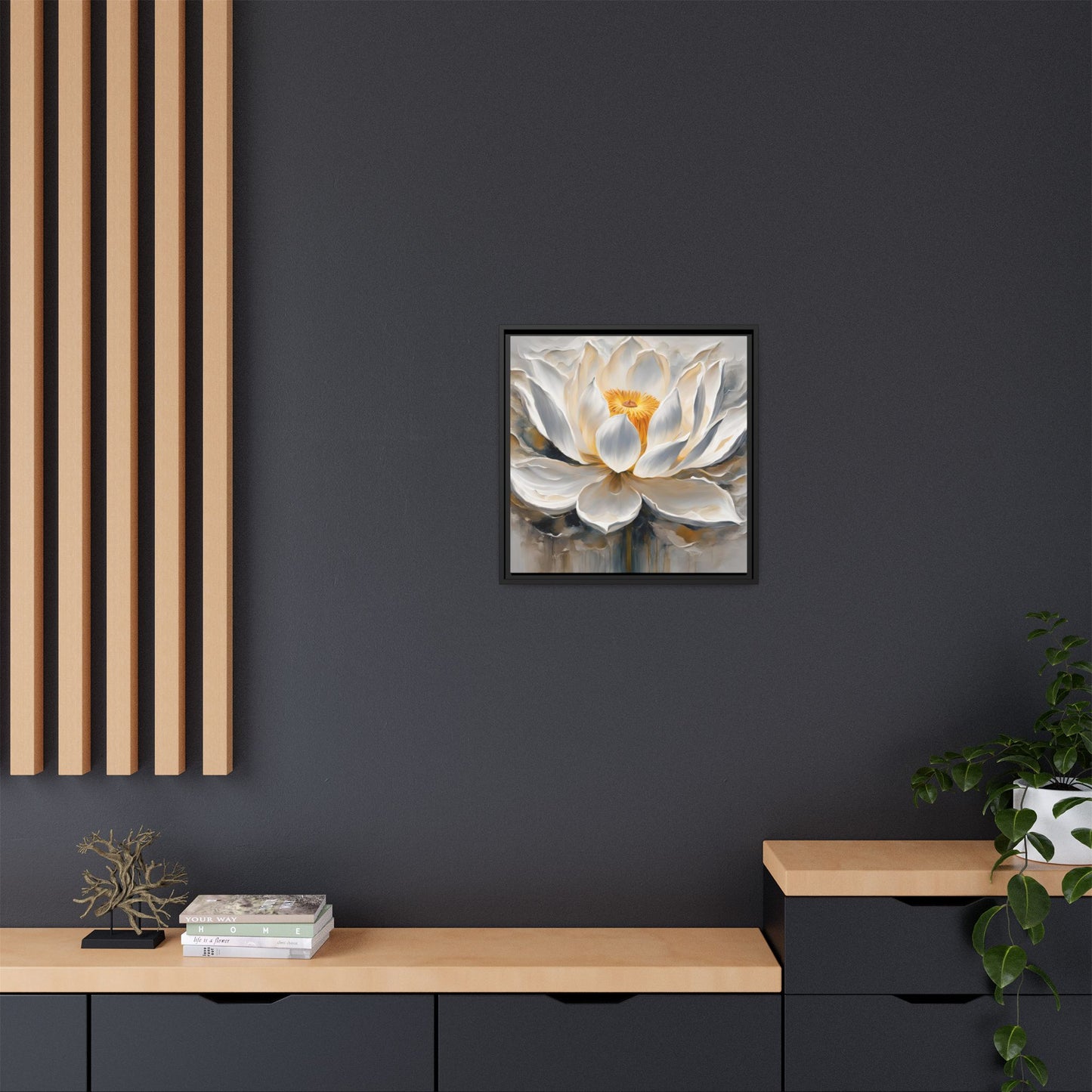 Modern Abstract Floral Design Unique Framed Canvas Wall Art White Lotus Gift Nature Lover Gift Garden Lover Gift 3 frame colors