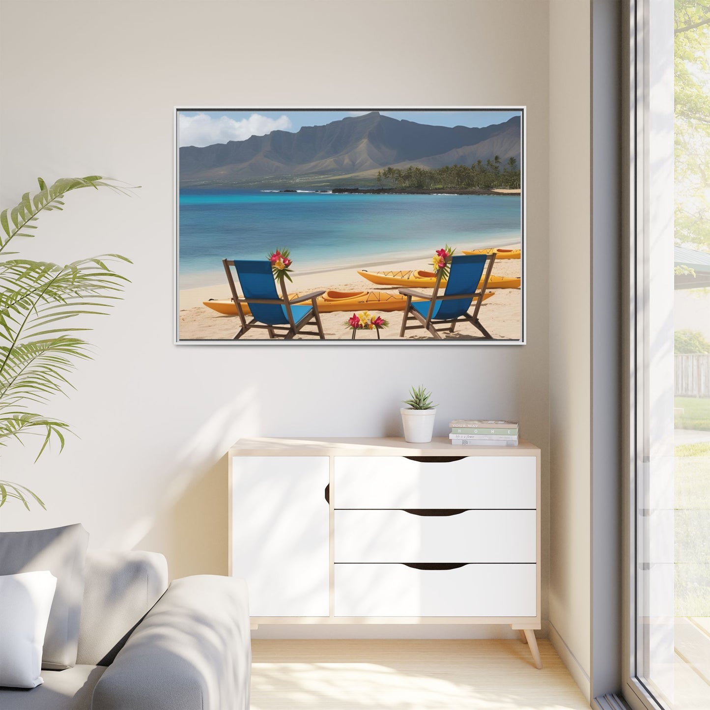 Chairs on the Beach Print Unique Framed Canvas Print Wall Art Gift Beachy Nature Lover Ocean Waves Hawaiian Vacation Decor 3 frame colors