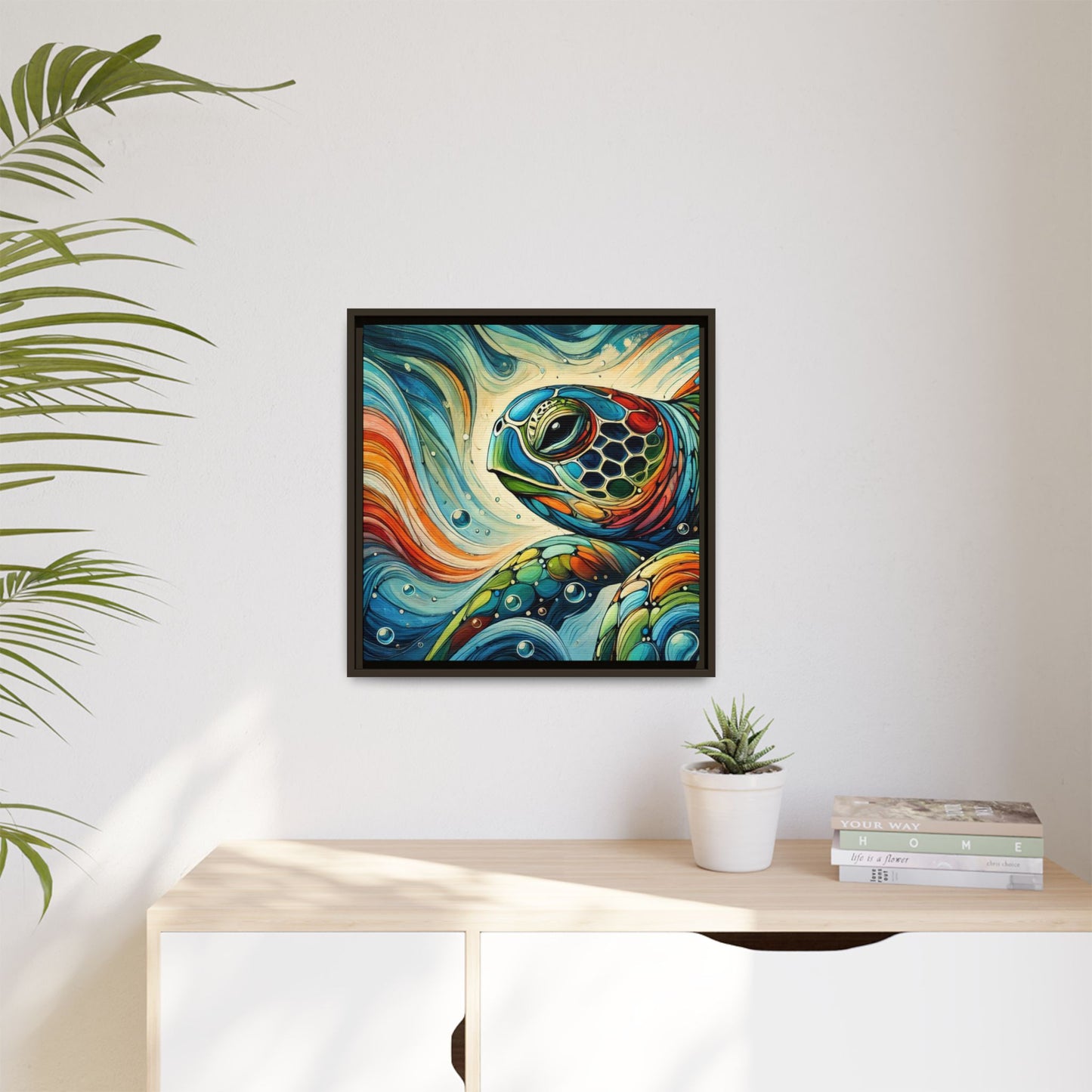 Modern Sea Turtle Print Abstract Design Unique Framed Canvas Print Oceanic Wall Art Animal Lover Gift Nature Lover Decor 3 frame colors