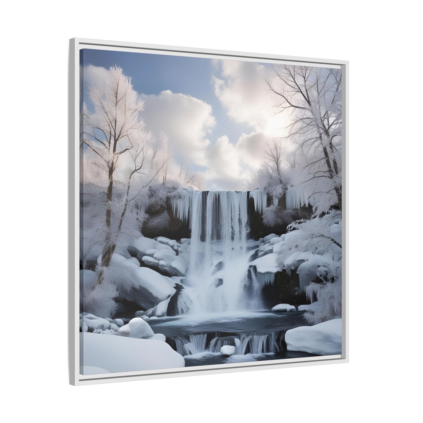 Modern Snowy Waterfall Design Unique Framed Canvas Wall Art Winter Scene Nature Lover Gift Mountain Landscape Decor Gift 3 frame colors