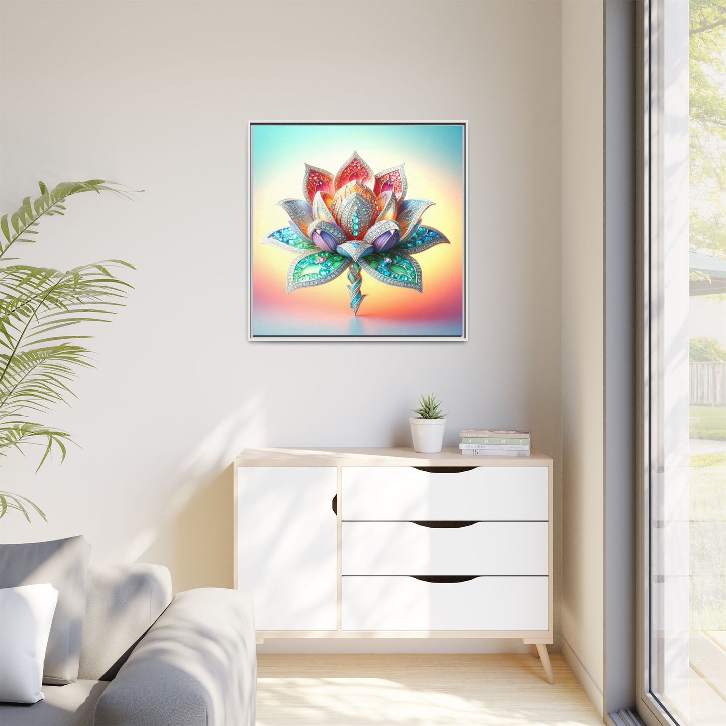 Bejeweled Lotus Blossom Framed Canvas Print Wall Art Unique Fashion Haute Couture Fashionista Flower Lover Gift Decor 3 Frame Colors