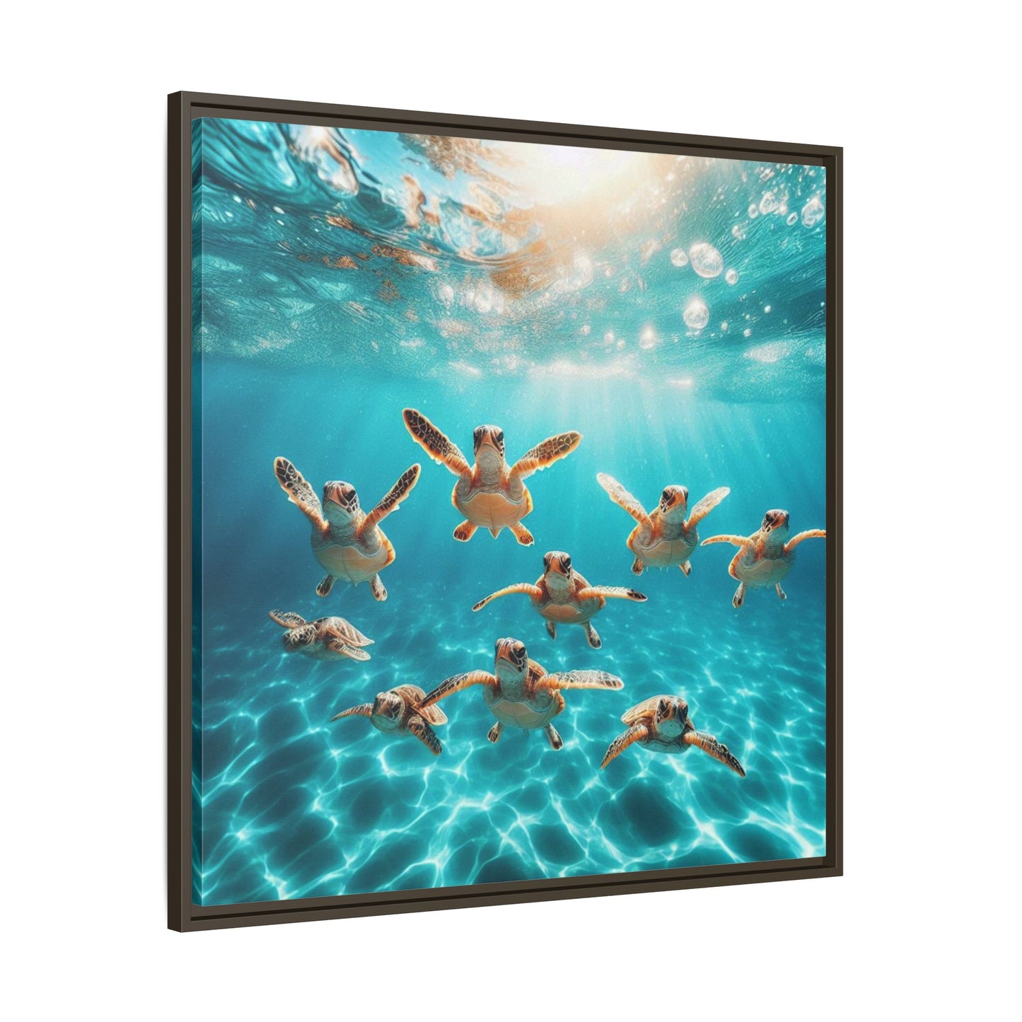 Baby Sea Turtles Out for a Swim Framed Canvas Wall Art Beach Lover Vacation Oceanic Gift Nature Lover Peaceful Zen Gift 3 frame colors