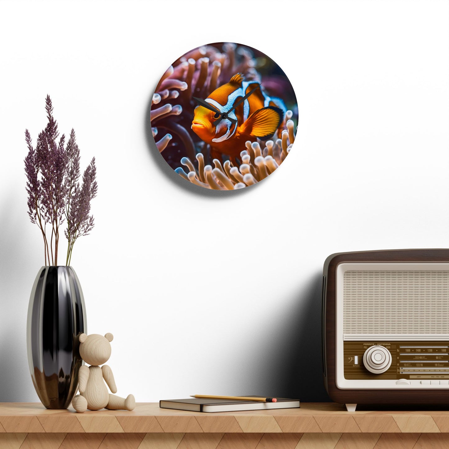 Clown Fish Anenome Design Acrylic Clock Unique Colorful Wall Clock for Kitchen or Living Room Nature Lover Gift