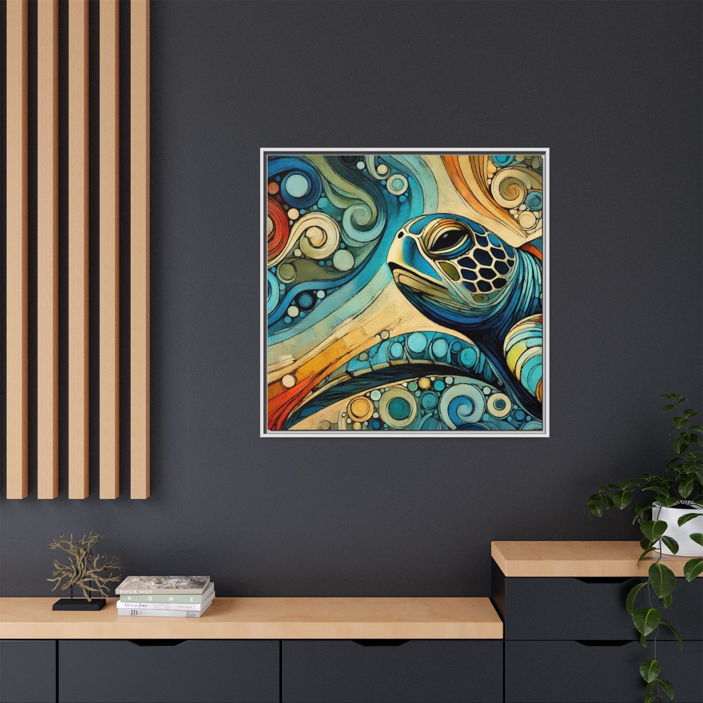 Modern Sea Turtle Print Abstract Design Unique Framed Canvas Print Oceanic Wall Art Animal Lover Gift Nature Lover Decor 3 frame colors