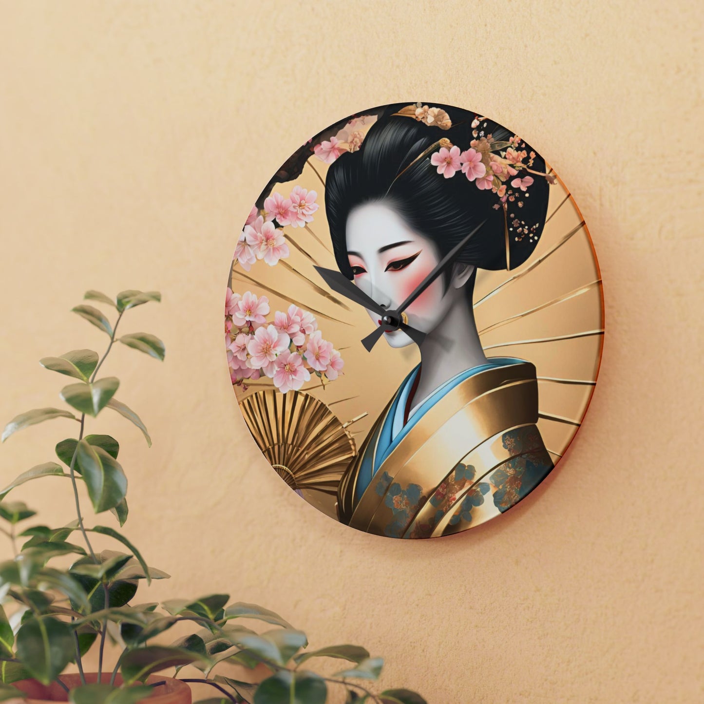 Asian Geisha Girl Plum Blossom Design Acrylic Office Clock Unique Colorful Wall Clock Nature Lover Gift Flower Art Design