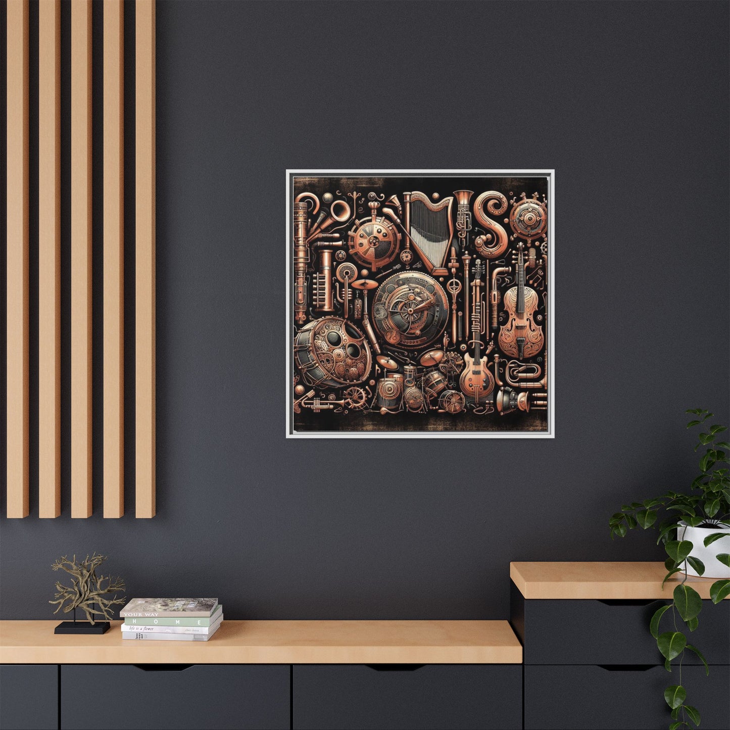 Modern Music-Themed Steampunk Style Print Abstract Design Unique Framed Canvas Print Wall Art Music Lover Gift Decor 3 frame colors