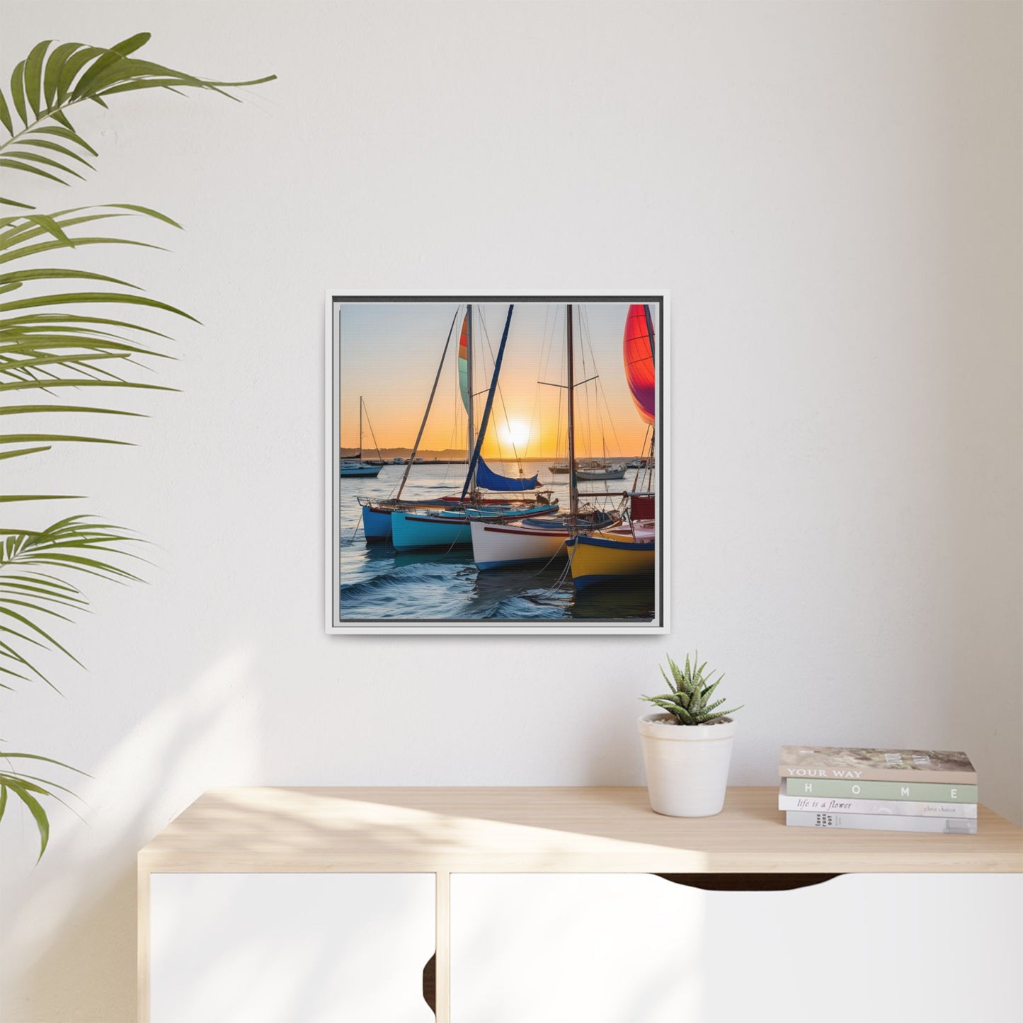 Sailboats at Sunset in Harbor Framed Canvas Wall Art Beach Lover Vacation Oceanic Gift Nature Lover Peaceful Zen Sunrise Art 3 frame colors
