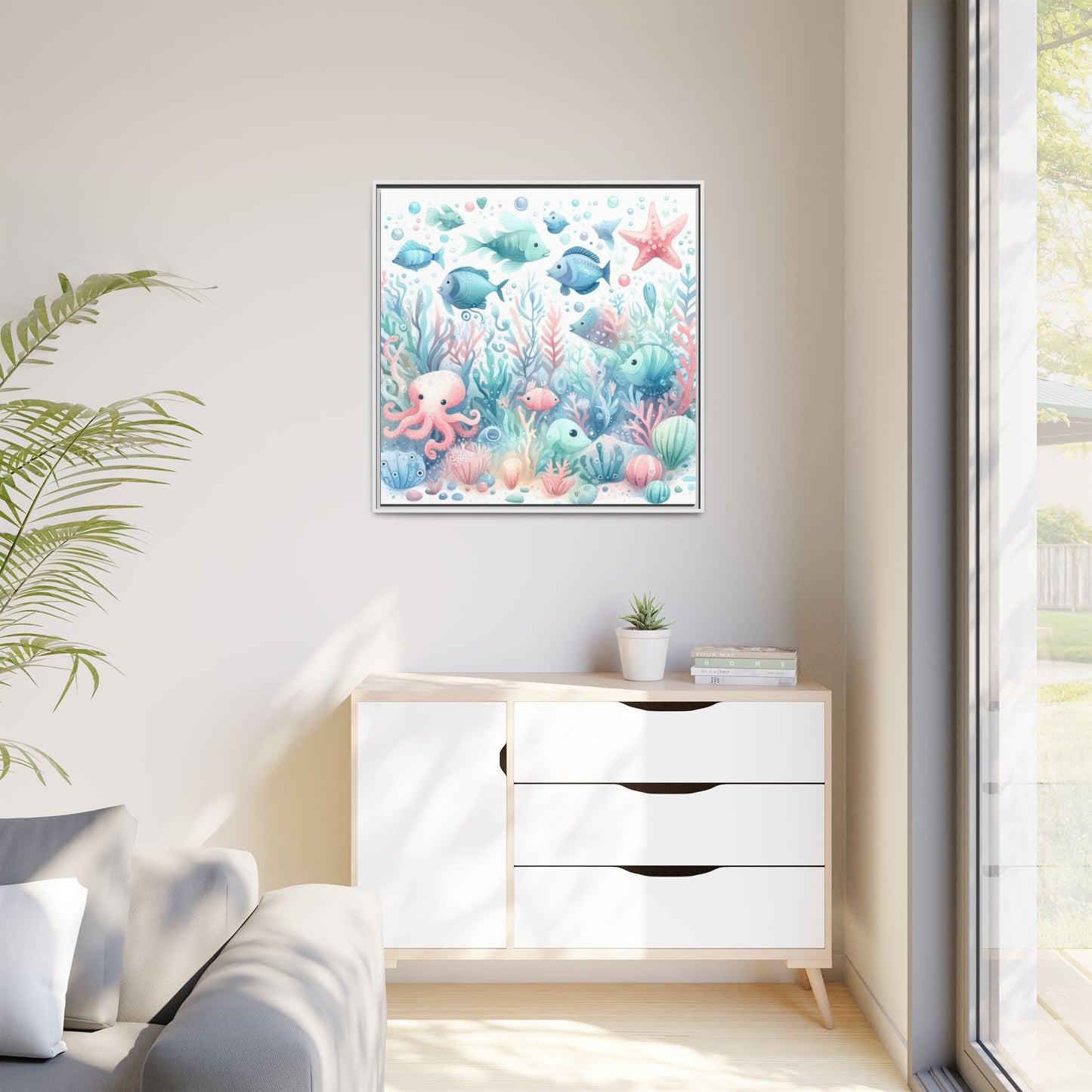 Whimsical Nursery Decor Pastel Underwater Design Unique Sweet Baby Room Framed Canvas Ocean Fish Print Unisex Baby Shower Octopus Gift
