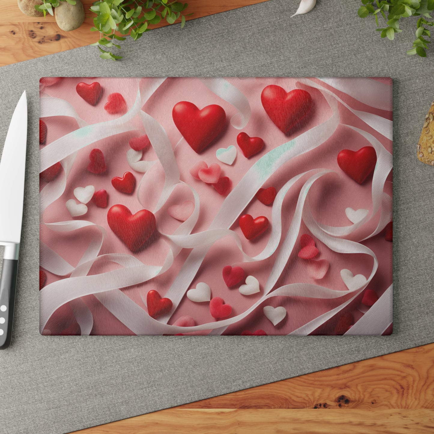 Kitchen Decor Glass Cutting Board Serving Tray with Hearts and Ribbons Design Pattern Cutting Board Gift for Home Cook Charcuterie Board