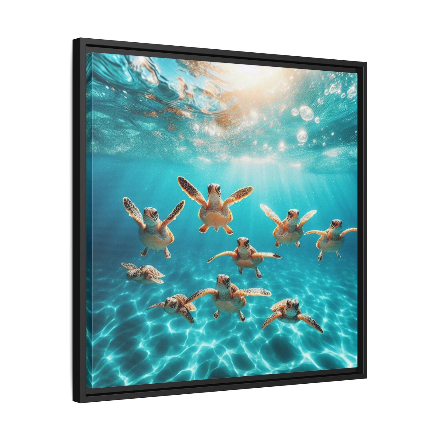 Baby Sea Turtles Out for a Swim Framed Canvas Wall Art Beach Lover Vacation Oceanic Gift Nature Lover Peaceful Zen Gift 3 frame colors