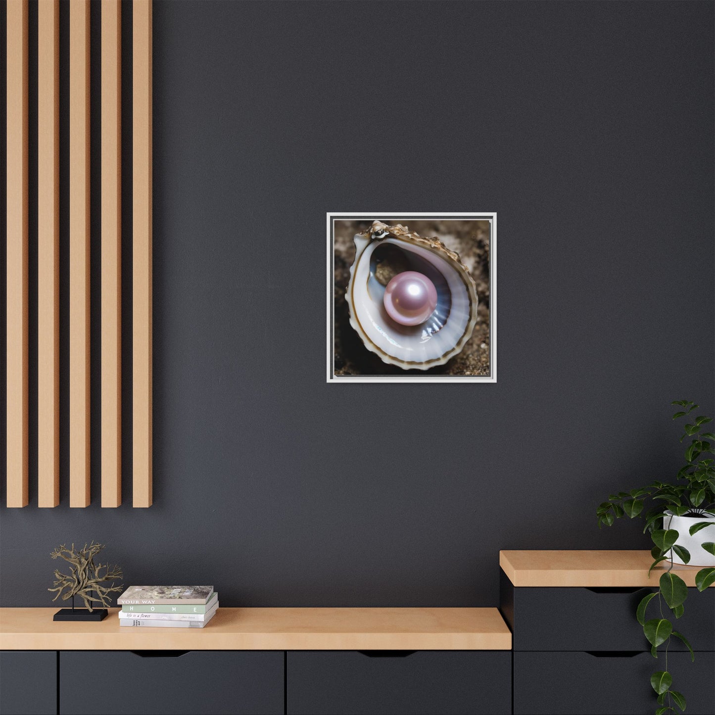 Pink Pearl in Oyster Shell Framed Canvas Wall Art Beach Lover Vacation Oceanic Gift Nature Lover Peaceful Zen Gift 3 frame colors