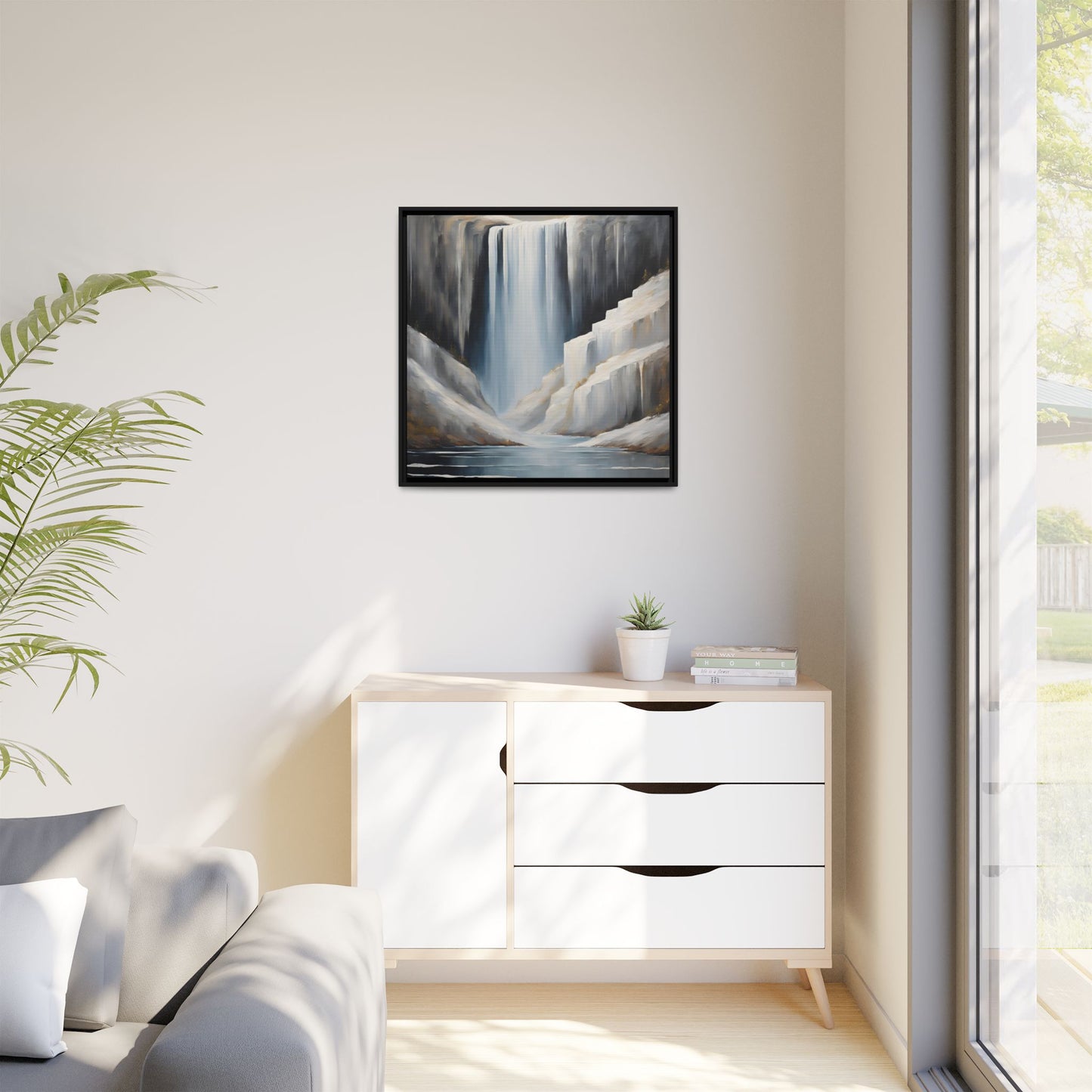 Modern Abstract Waterfall Design Unique Framed Canvas Wall Art Ocean Beach Gift Nature Lover Gift Mountain Landscape Gift 3 frame colors