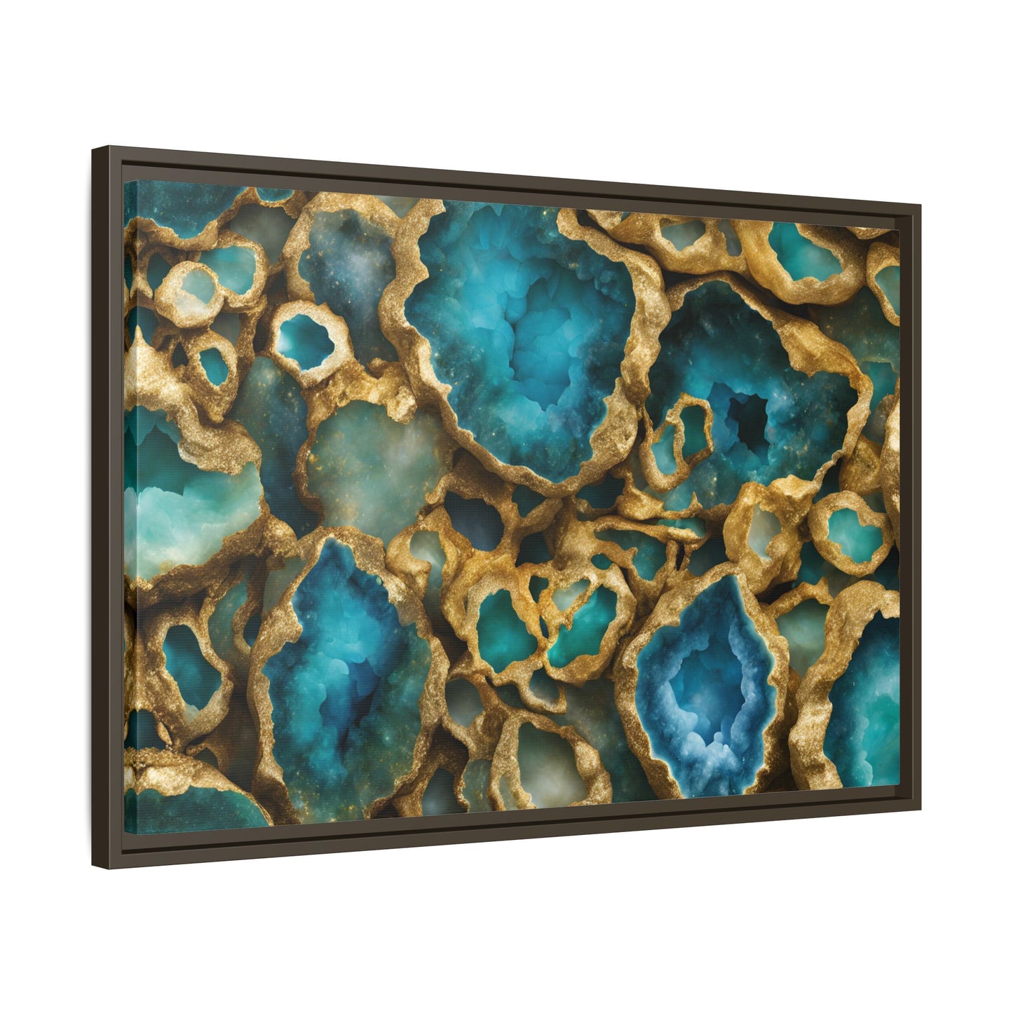 Blue, Green and Gold Quartz Crystal Geode Design Print Matte Canvas Wall Art Nature Lover Gift Geology Rock Lover Gift 3 frame color choices