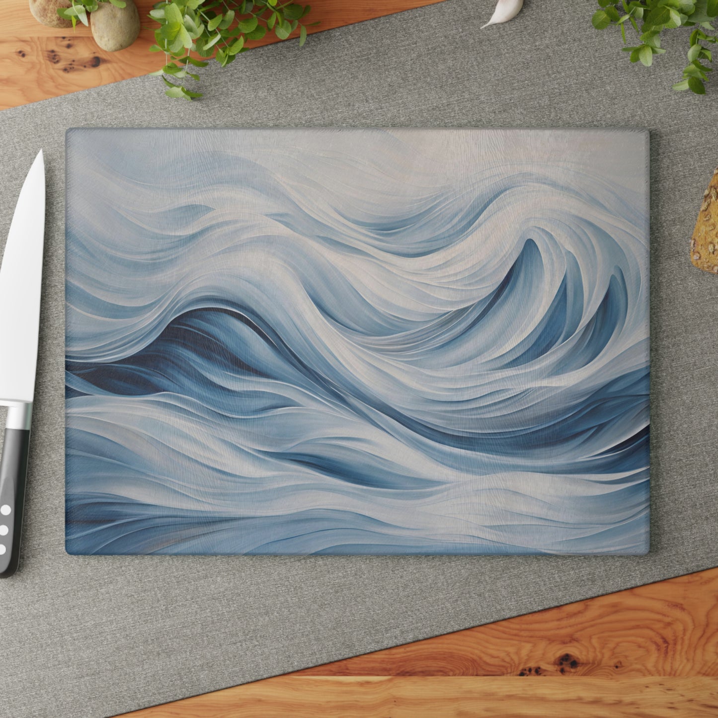 Kitchen Decor Glass Cutting Board Serving Tray with Ocean Waves Pattern Beachy Cutting Board Gift for Home Cook Charcuterie Board