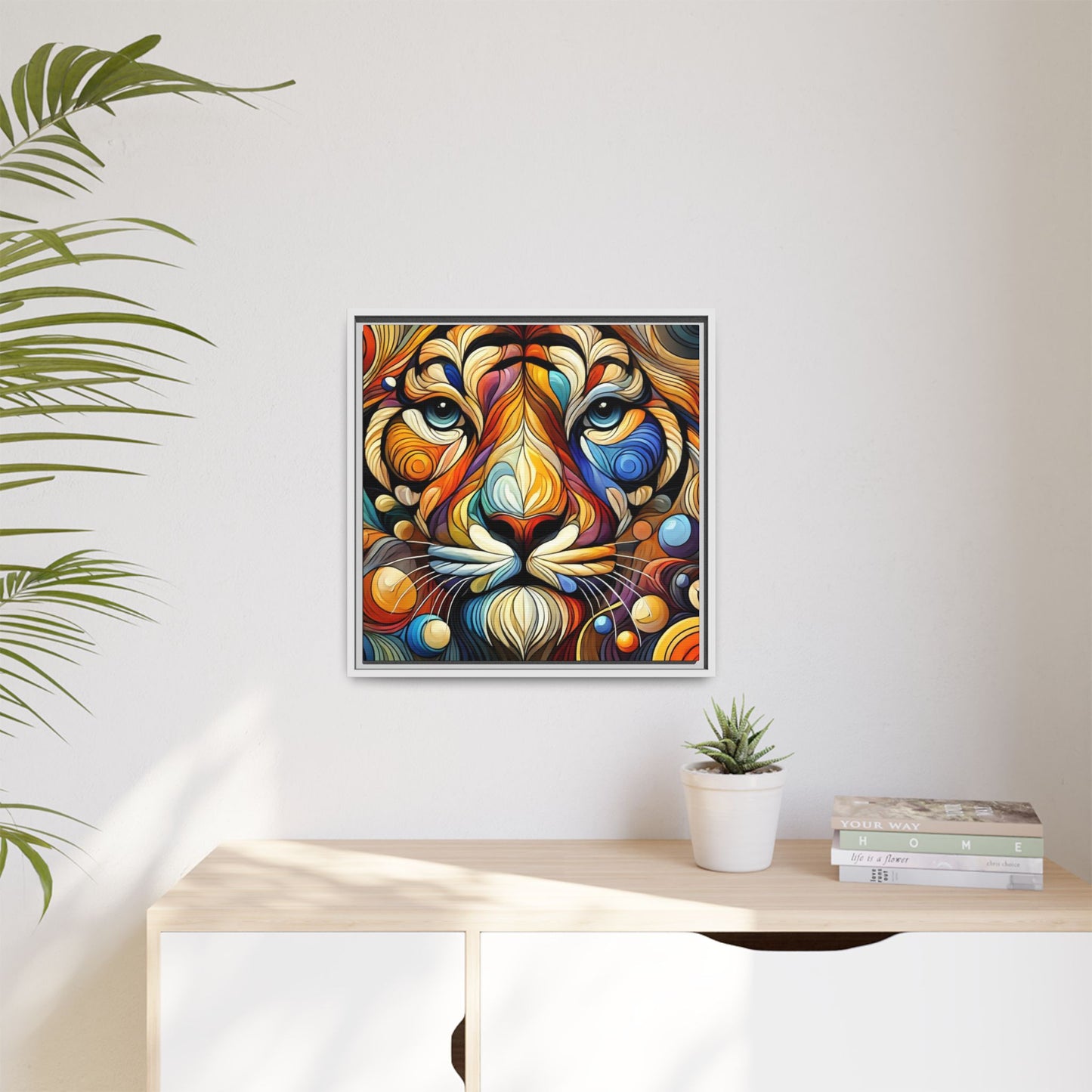 Modern Lion Face Print Abstract Design Unique Framed Canvas Print King of Jungle Wall Art Animal Lover Nature Lover Decor 3 frame colors
