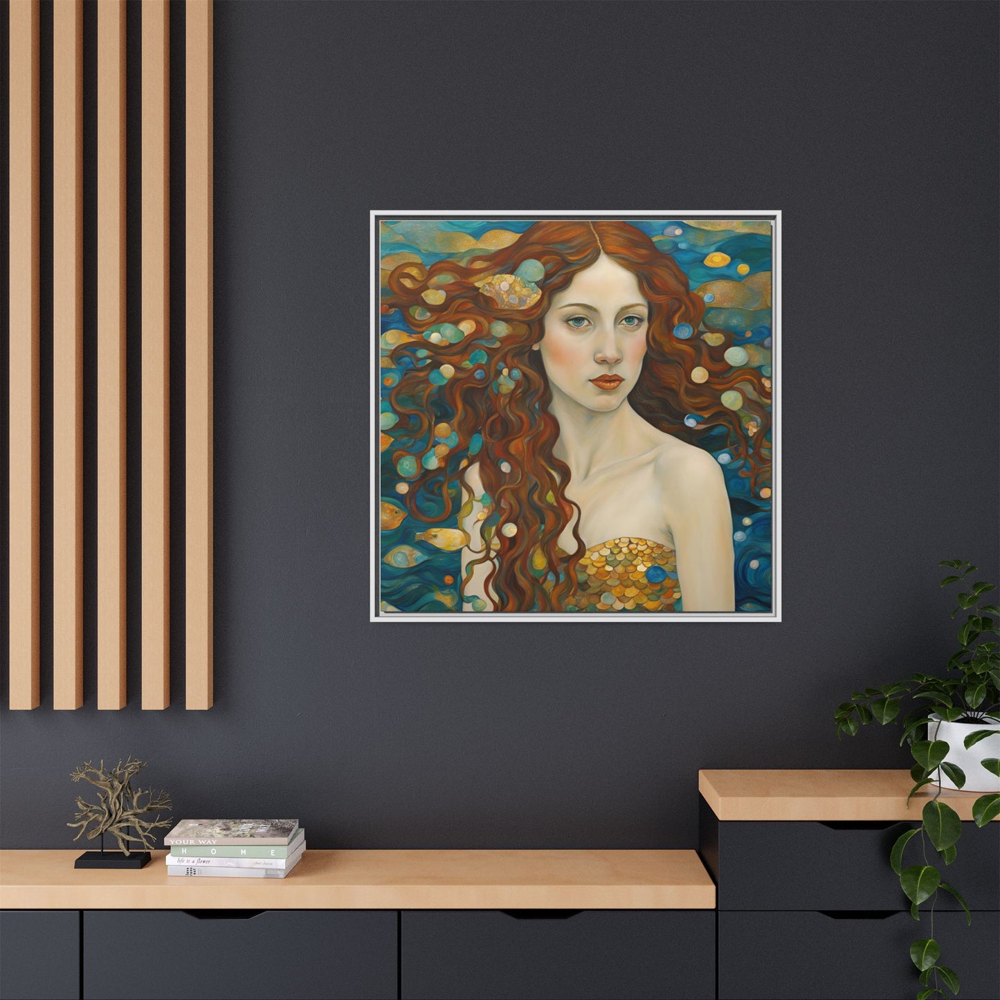 Modern Abstract Mermaid Design Unique Framed Canvas Oceanic Wall Art Underwater Gold Fish Anime Gift Nature Lover Gift 3 frame colors