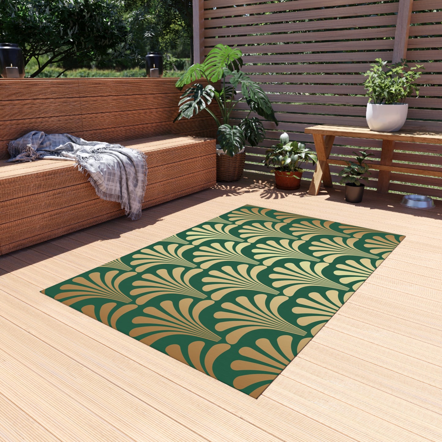 Chenille Outdoor Rug with No-Skid Backing Cozy Green and Gold Outdoor Carpet Patio Decor Gazebo Rug Pool Area Decor Outdoor Kitchen Rug