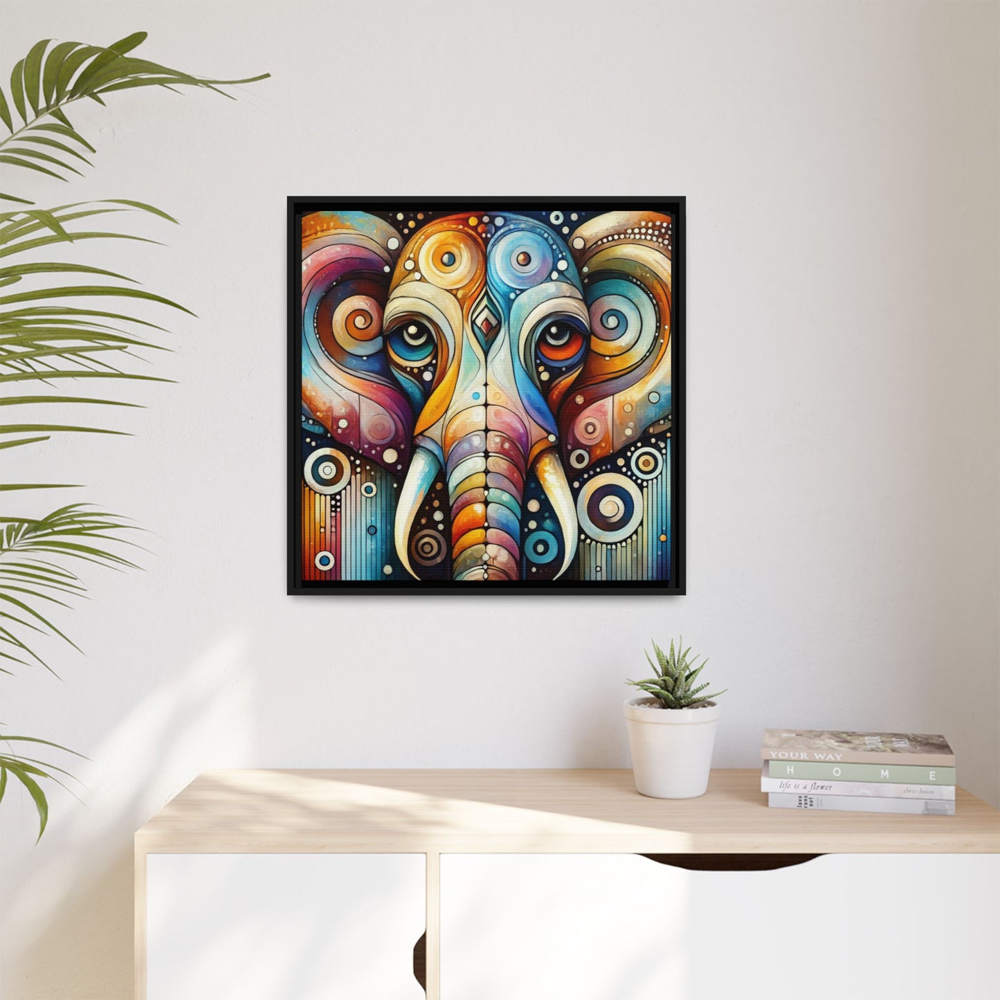 Modern Elephant Face Print Abstract Design Unique Framed Canvas Print African Wall Art Animal Lover Nature Lover Decor 3 frame colors