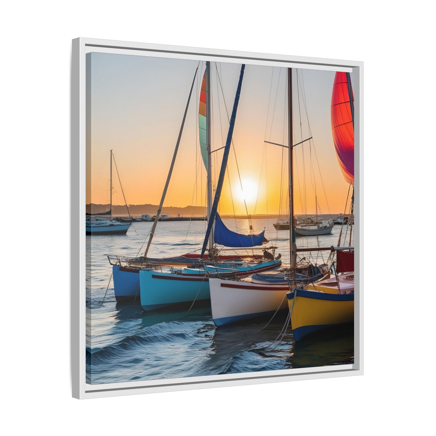 Sailboats at Sunset in Harbor Framed Canvas Wall Art Beach Lover Vacation Oceanic Gift Nature Lover Peaceful Zen Sunrise Art 3 frame colors