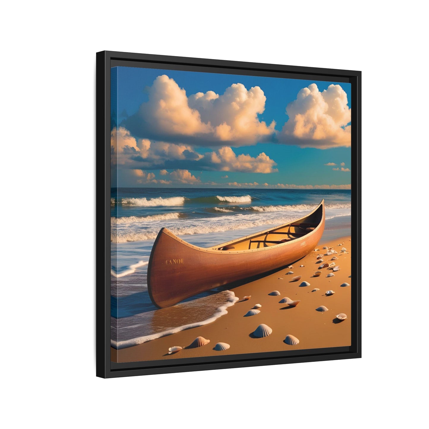 Canoe on the Beach Calm Sunny Day Framed Canvas Wall Art Beach Lover Vacation Oceanic Gift Nature Lover Peaceful Zen Gift 3 frame colors