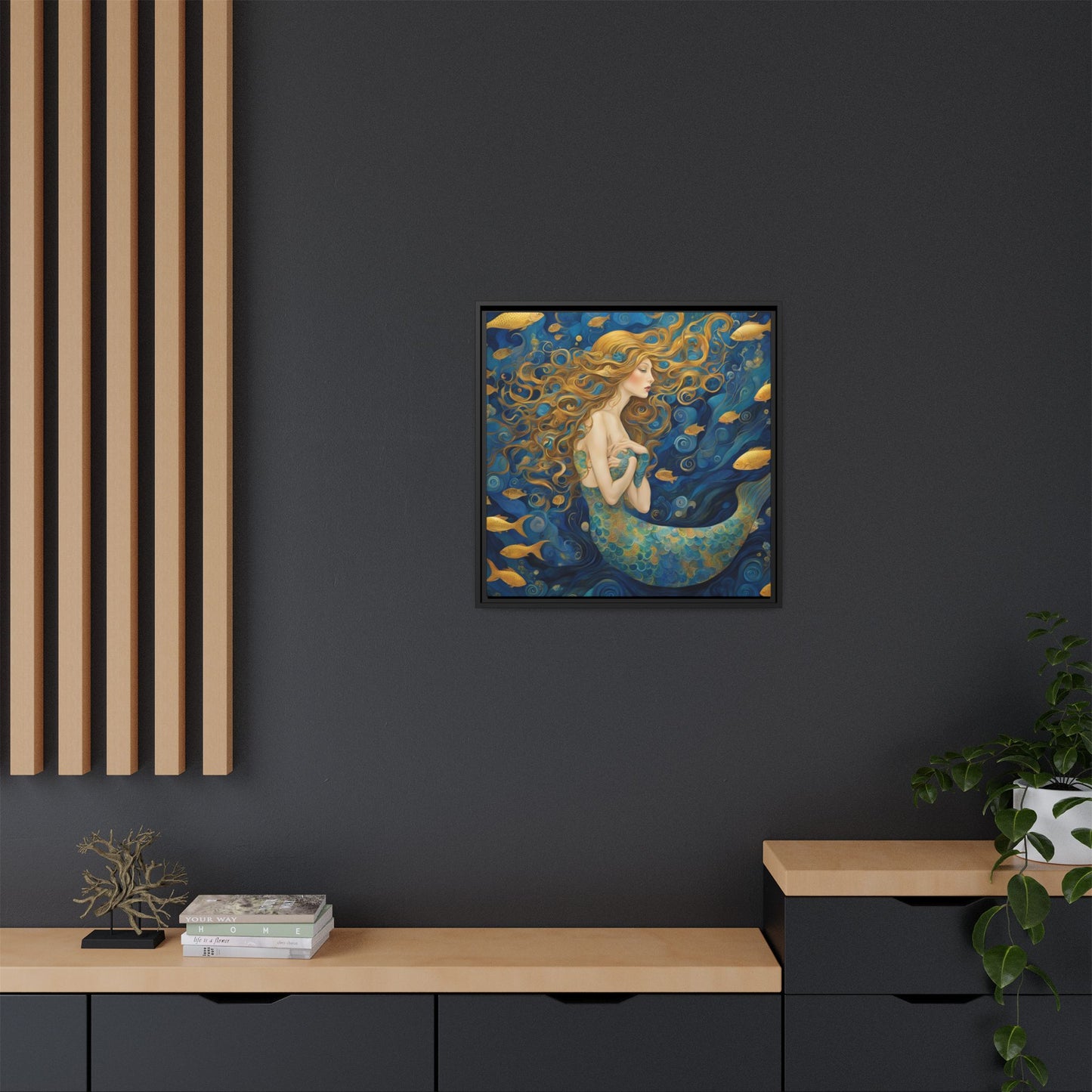 Modern Abstract Mermaid Design Unique Framed Canvas Oceanic Wall Art Underwater Gold Fish Anime Gift Nature Lover Gift 3 frame colors
