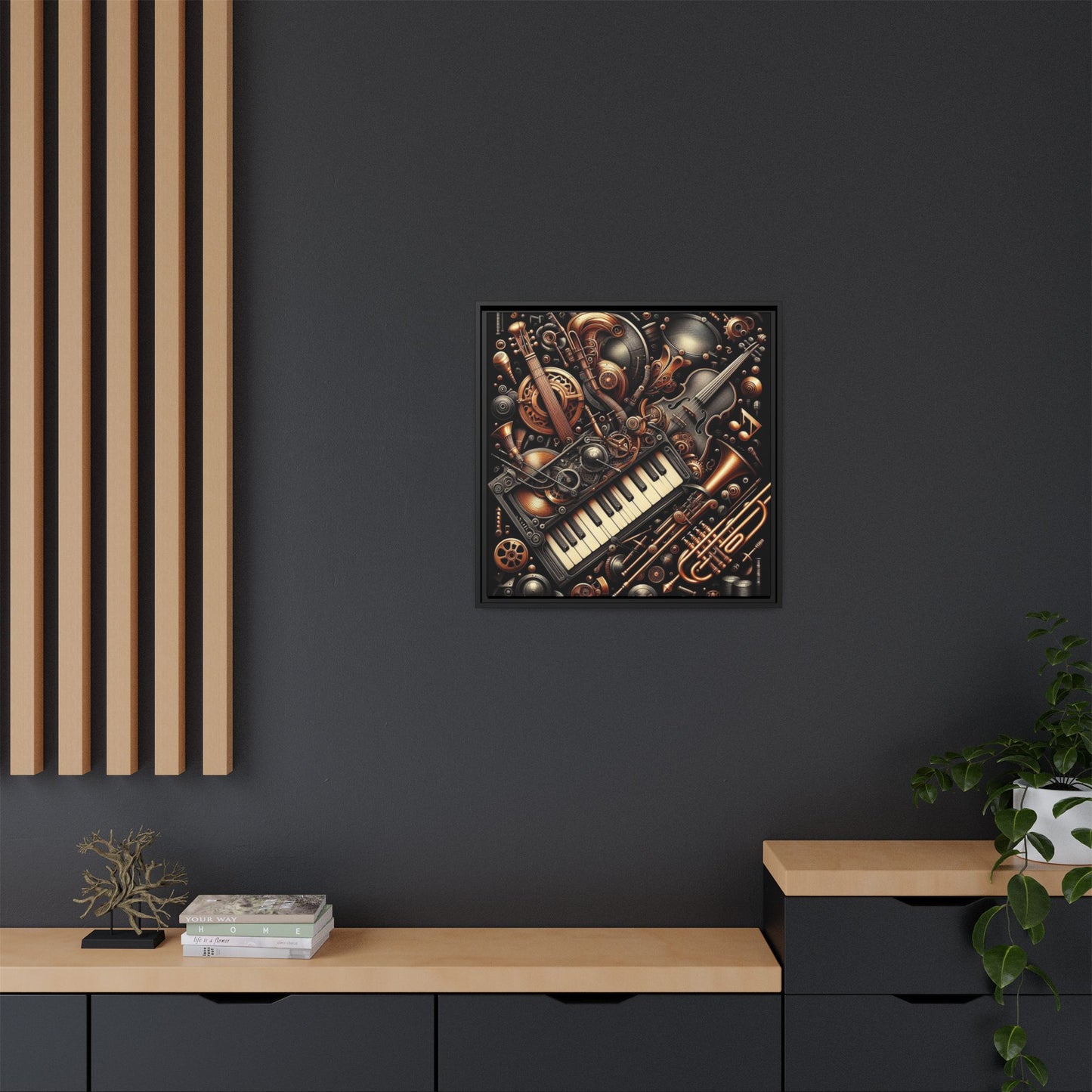 Modern Music-Themed Steampunk Style Print Abstract Design Unique Framed Canvas Print Wall Art Music Lover Gift Decor 3 frame colors