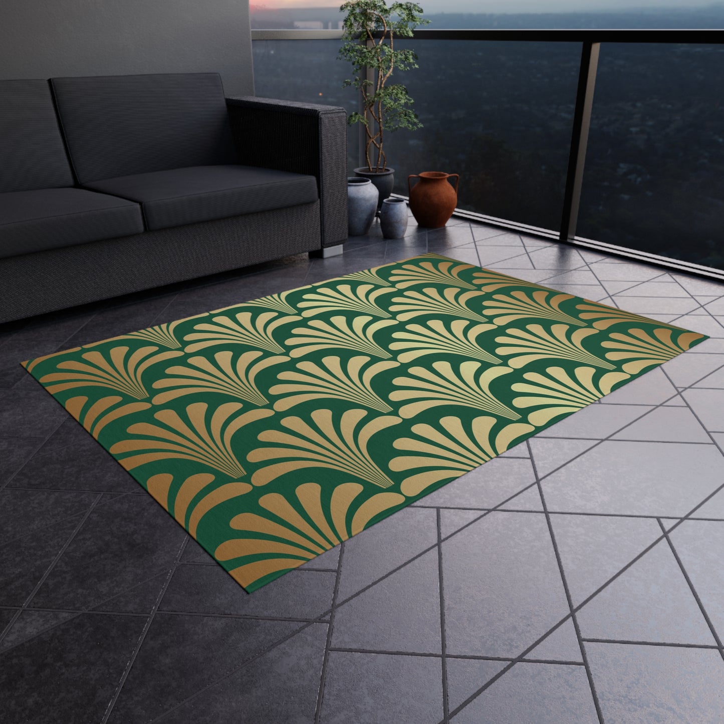 Chenille Outdoor Rug with No-Skid Backing Cozy Green and Gold Outdoor Carpet Patio Decor Gazebo Rug Pool Area Decor Outdoor Kitchen Rug