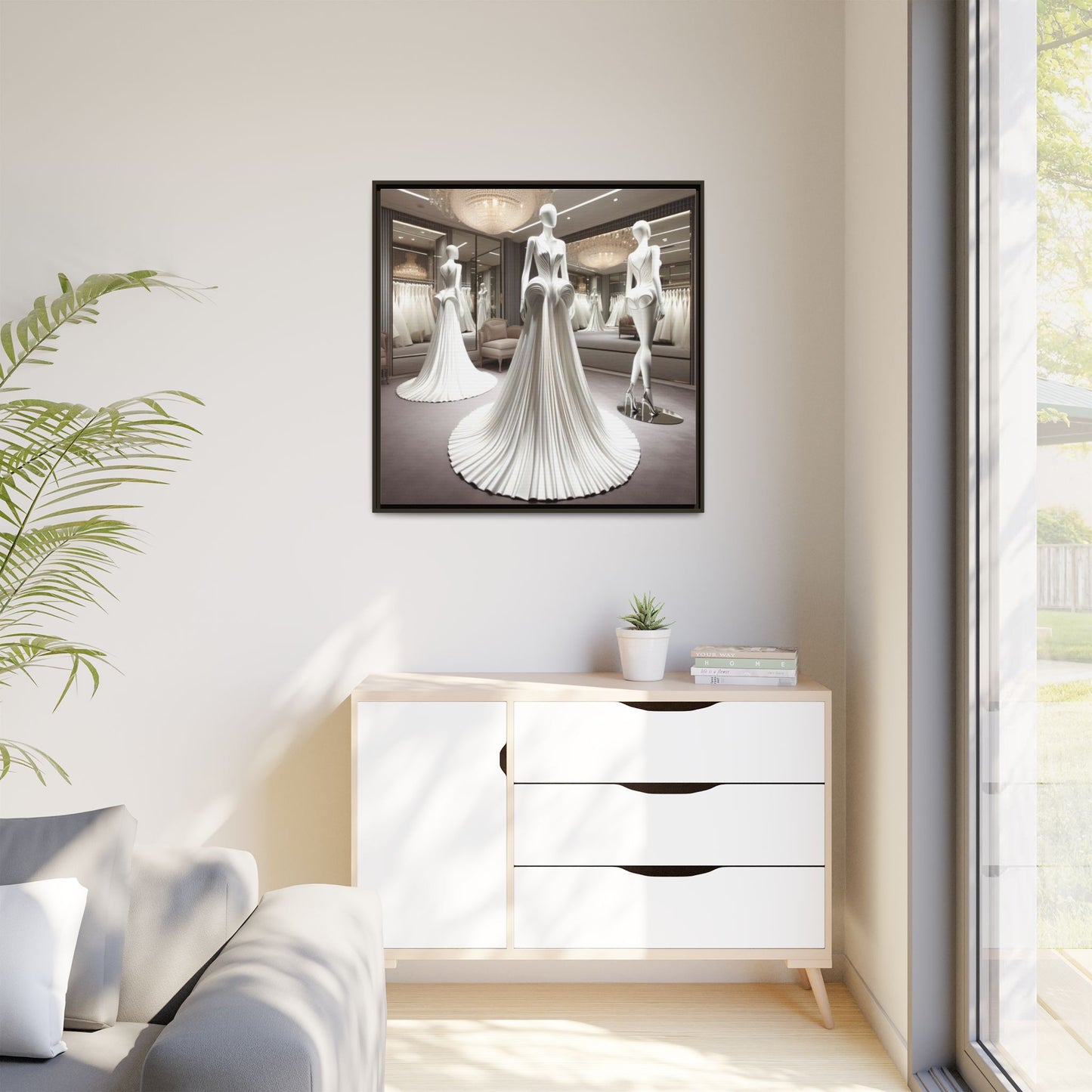 Futuristic Modern Wedding Dress Framed Canvas Print Wall Art Unique Fashion Designer Haute Couture Fashionista Gift Decor 3 Frame Colors