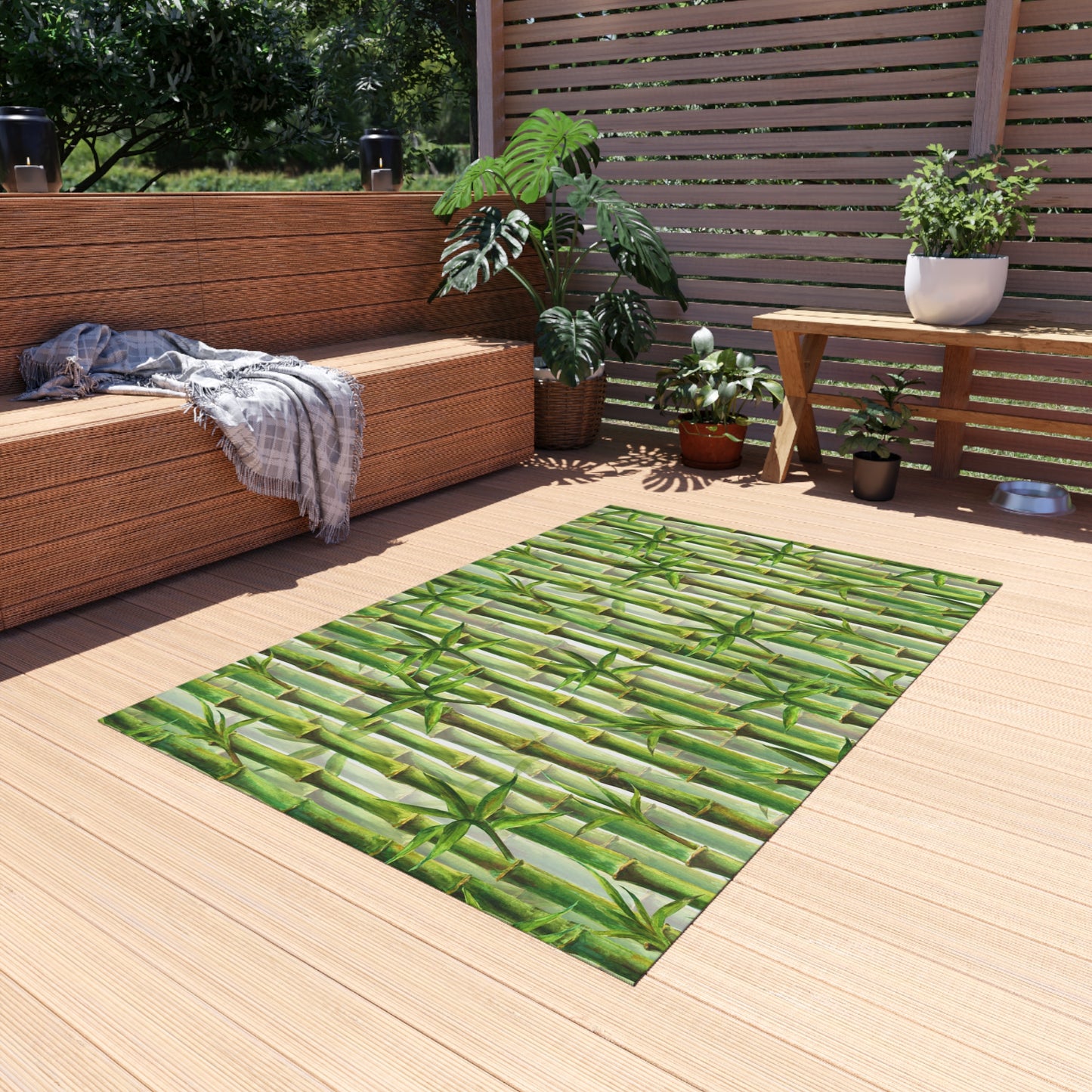 Bamboo-look Chenille Outdoor Rug with No-Skid Backing Cozy Outdoor Carpet Patio Decor Gazebo Rug Beachy Tropical Pool Area Asian Decor