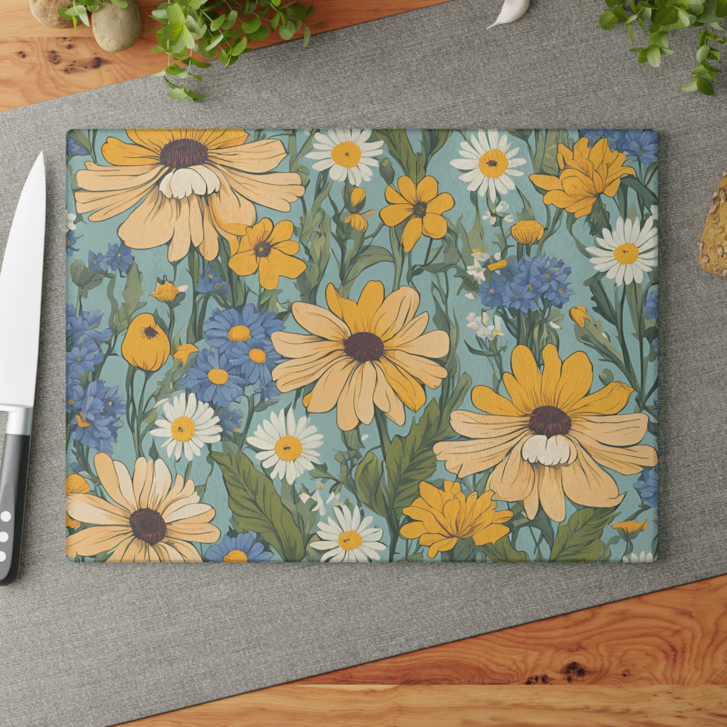 Kitchen Decor Glass Cutting Board Serving Tray with Daisy Flower Design Cutting Board Gift for Home Cook Charcuterie Board
