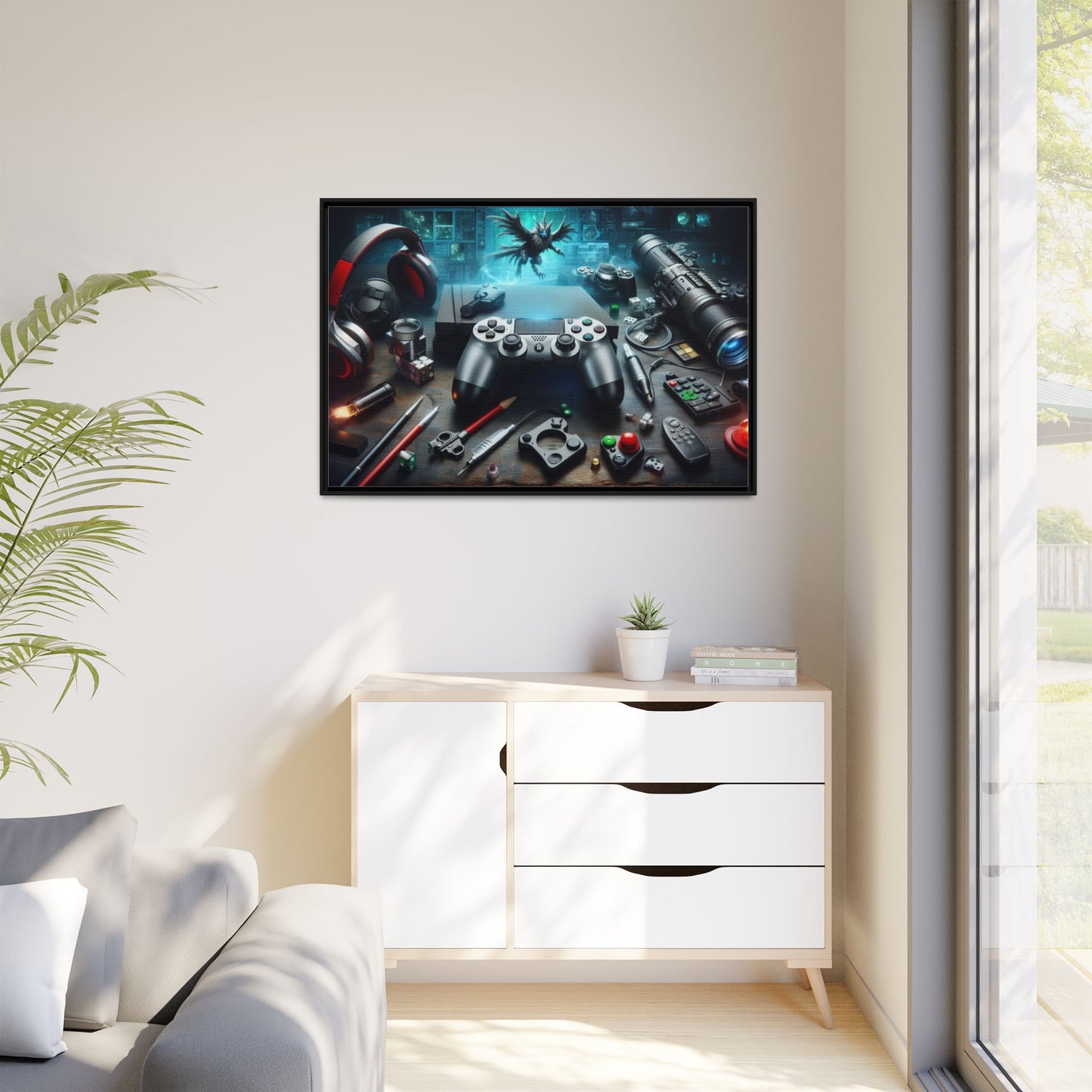 Gamer Themed Unique Framed AI Canvas Print Wall Art Video Game Lover Futuristic Digital Style Gift Cyber Geek Matrix Decor 3 frame colors