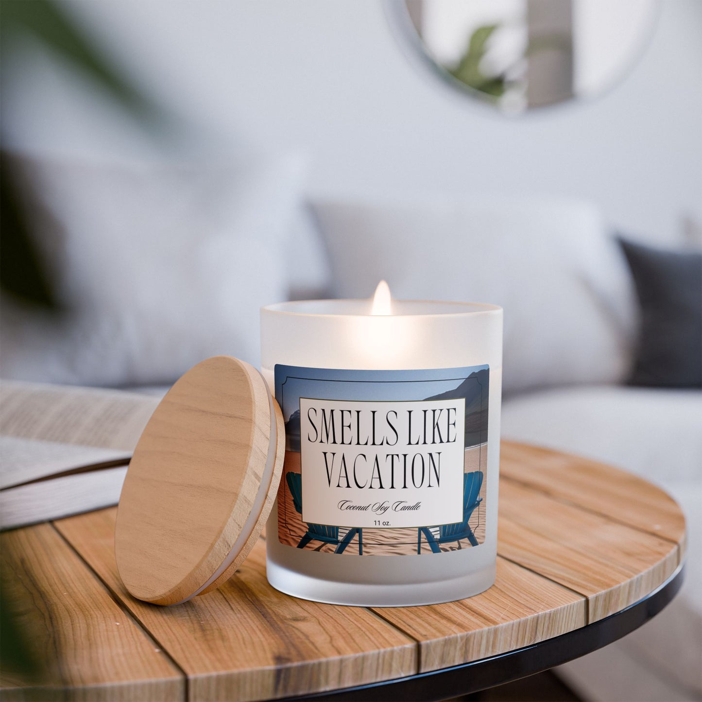 Artisanal Coconut Soy Frosted Glass Candle with Wooden Wick and Raw Maple Lid 11 oz Hand Poured Ocean Beachy Vacation Candle 50 hr burn time