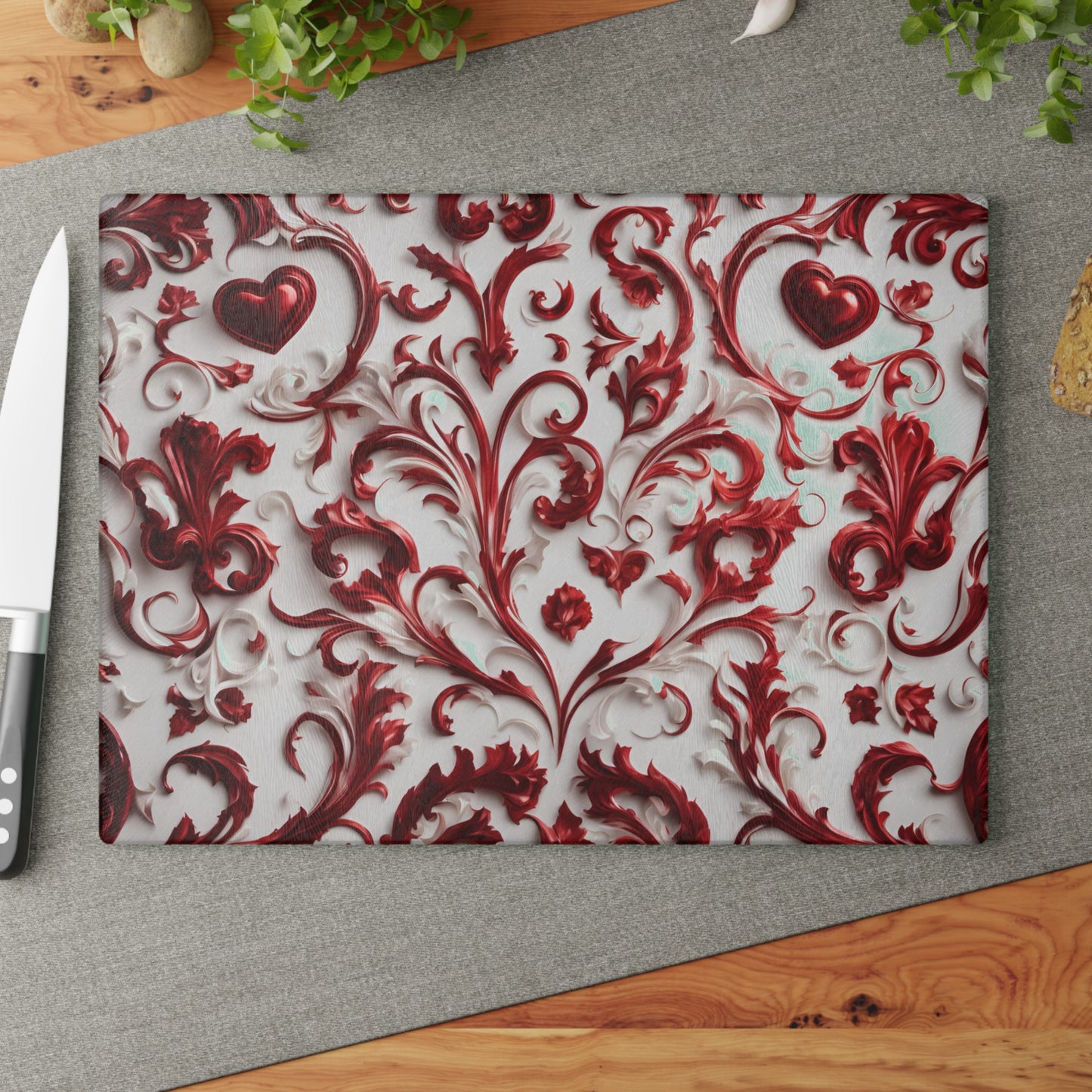 Kitchen Decor Glass Cutting Board Serving Tray with Heart Design Retro Damask Pattern Cutting Board Gift for Home Cook Charcuterie Board
