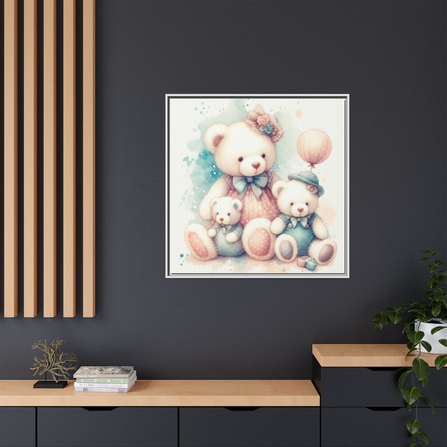 Whimsical Nursery Decor Pastel Floral Teddy Bear Design Wall Art Unique Sweet Baby Room Framed Canvas Print Unisex Baby Shower Gift