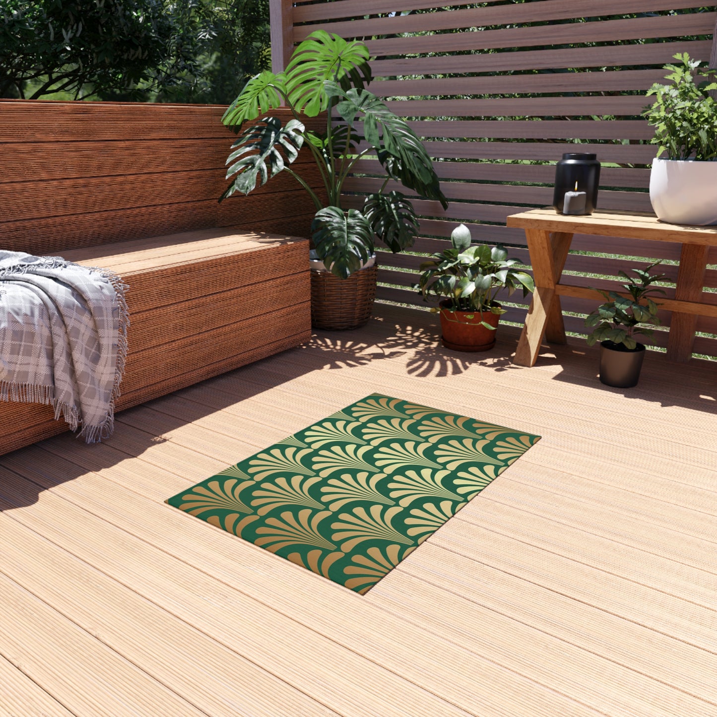 Chenille Outdoor Rug with No-Skid Backing Cozy Green and Gold Outdoor Carpet Patio Decor Gazebo Rug Pool Area Decor Outdoor Kitchen Rug