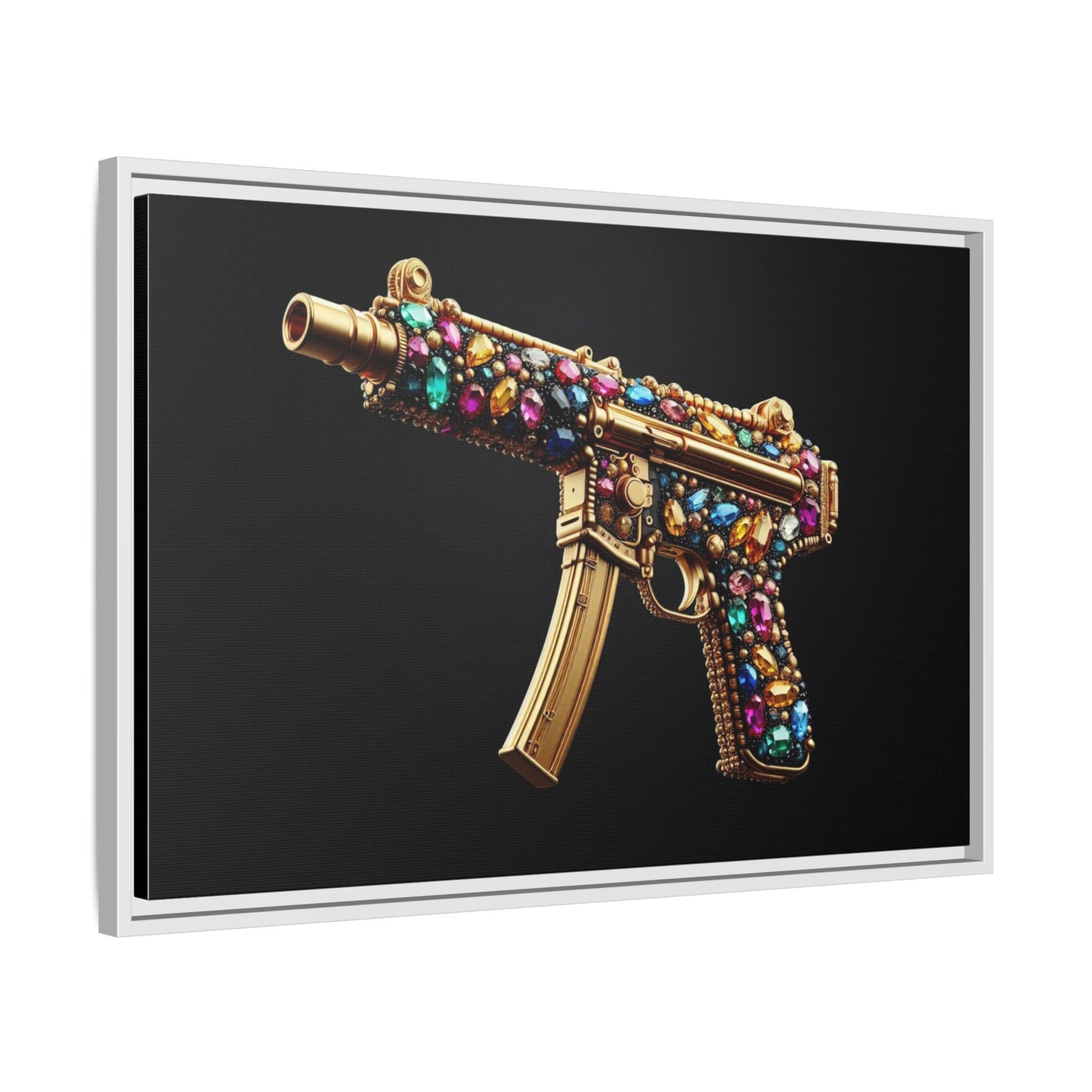Bejeweled Machine Gun Print AI Design Unique Framed Canvas Print Wall Art Gun Lover Gift Edgy Glam Fantasy Weapon Decor 3 frame colors